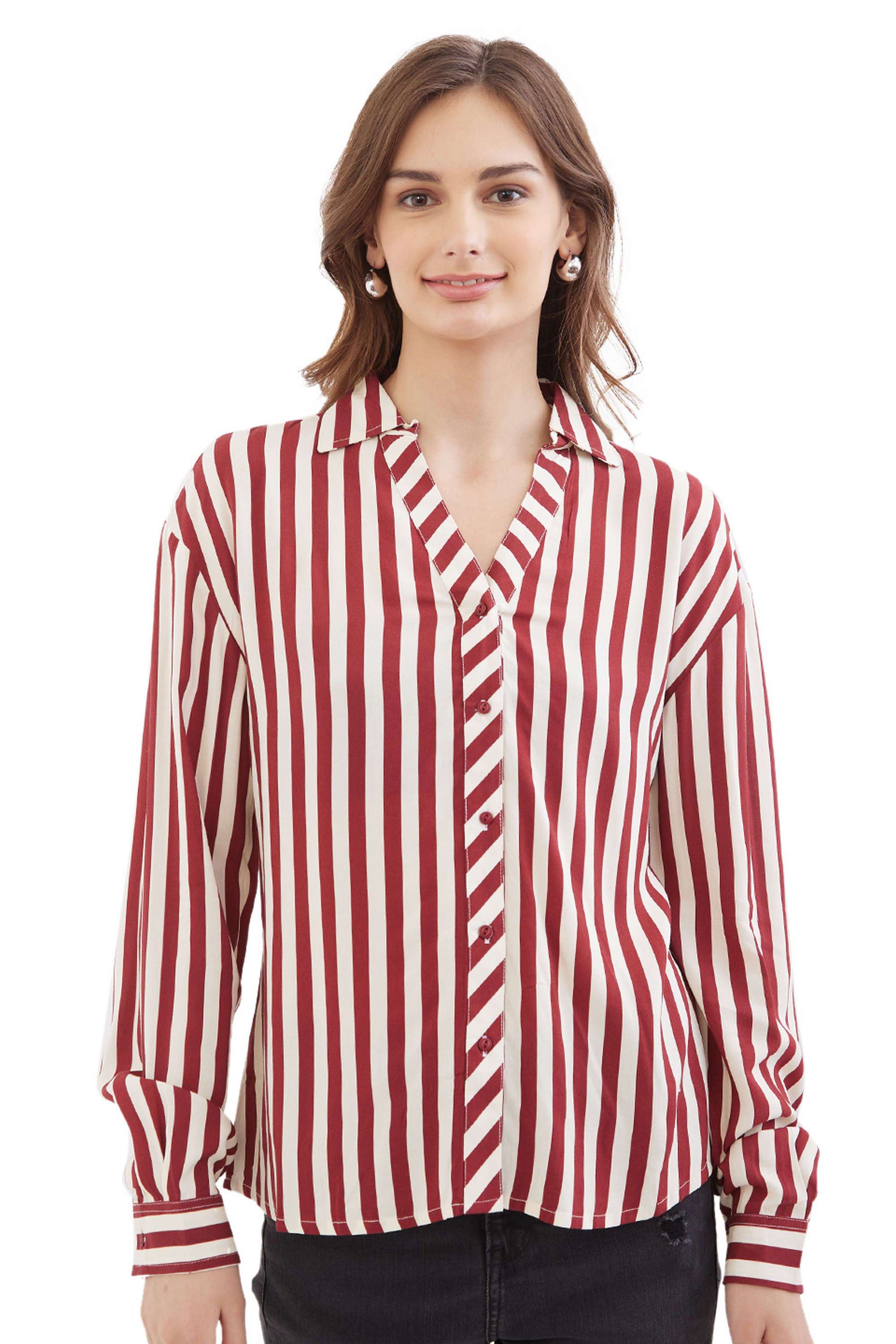 Stripes-Classic-Collar-Blended-Fabric-Women-s-Casual-Wear-Shirt