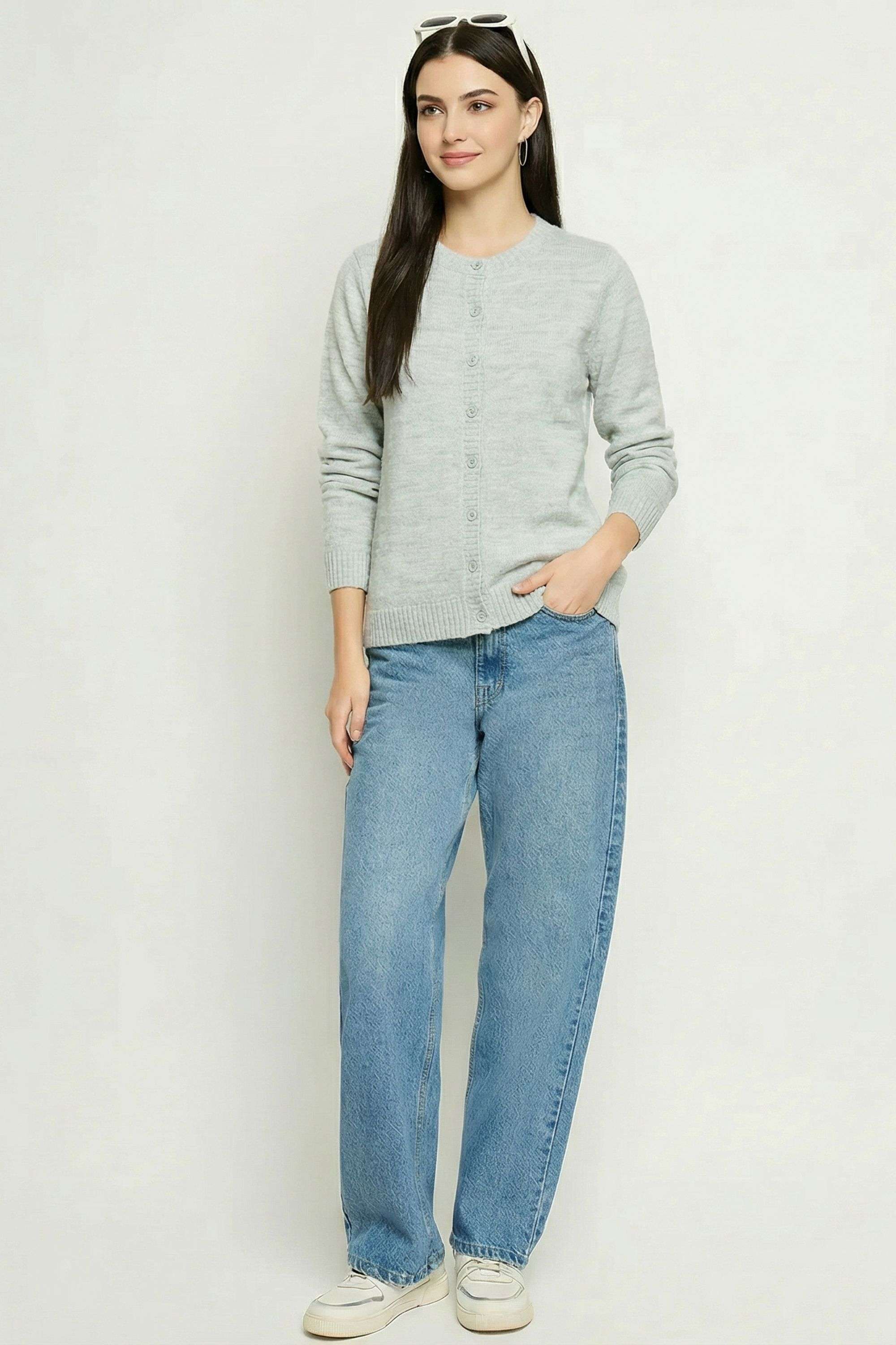 Solid-Round-Neck-Acrylic-Women-s-Cardigan