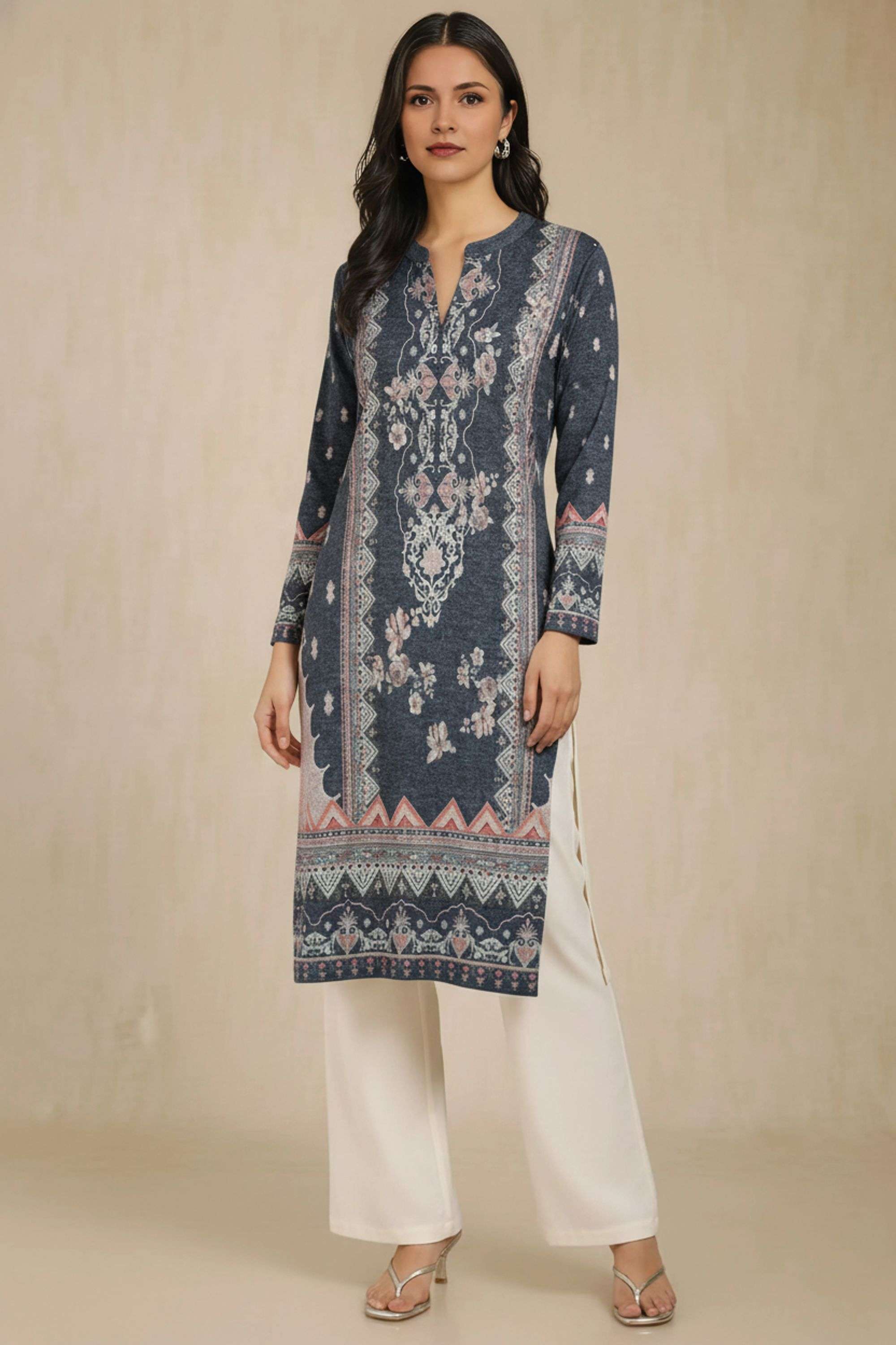 Solid-Blended-Fabric-Regular-Fit-Winter-Wear-Women-Kurta