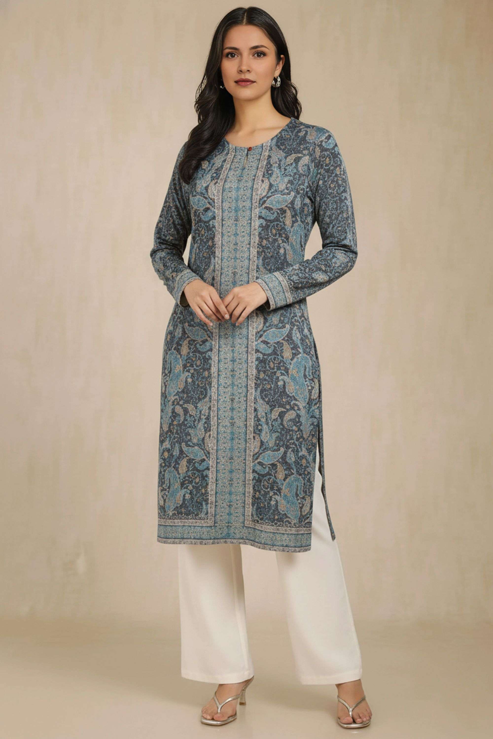 Solid-Blended-Fabric-Regular-Fit-Winter-Wear-Women-Kurta