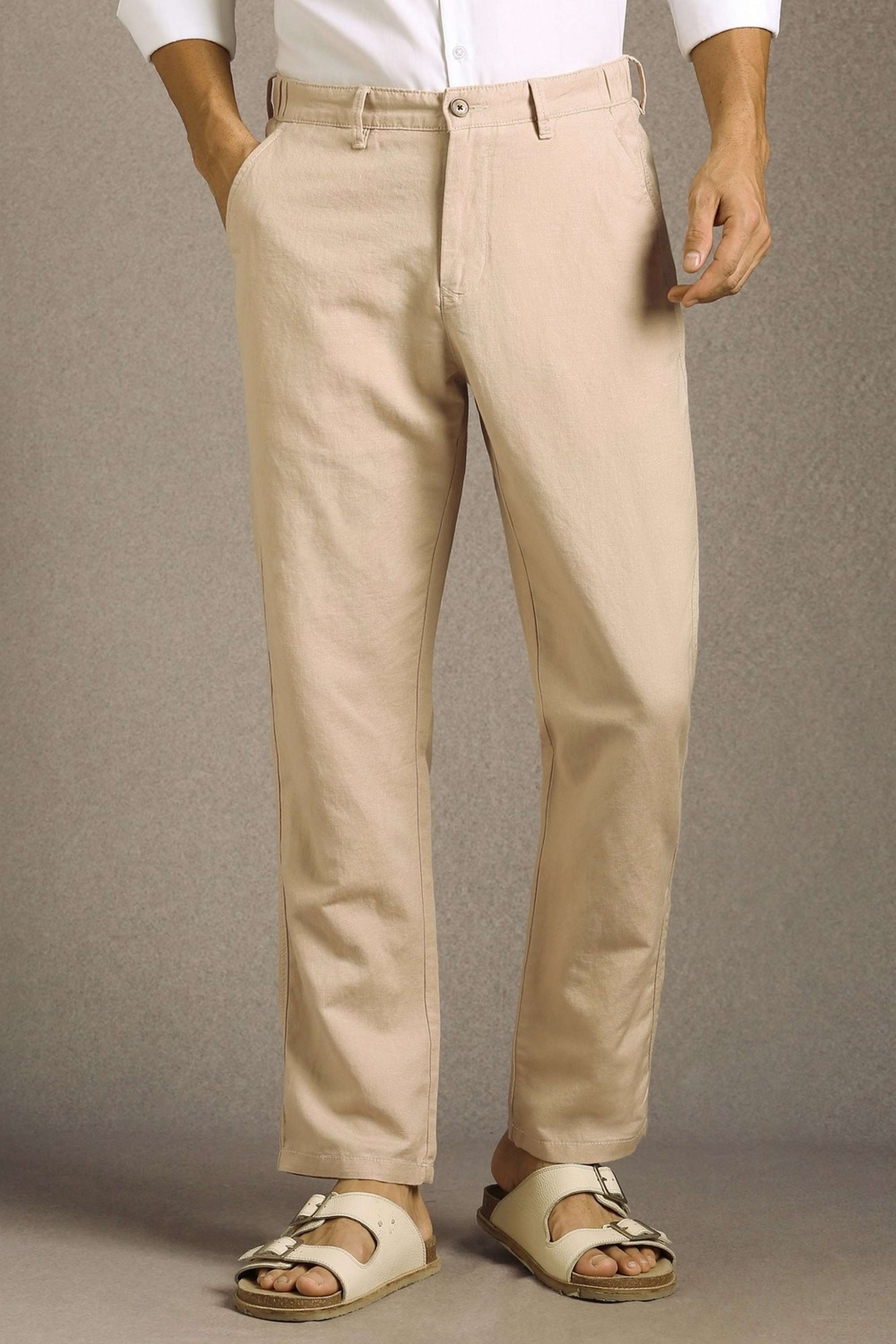 Solid-Cotton-Blend-Regular-Fit-Men-s-Casual-Trousers