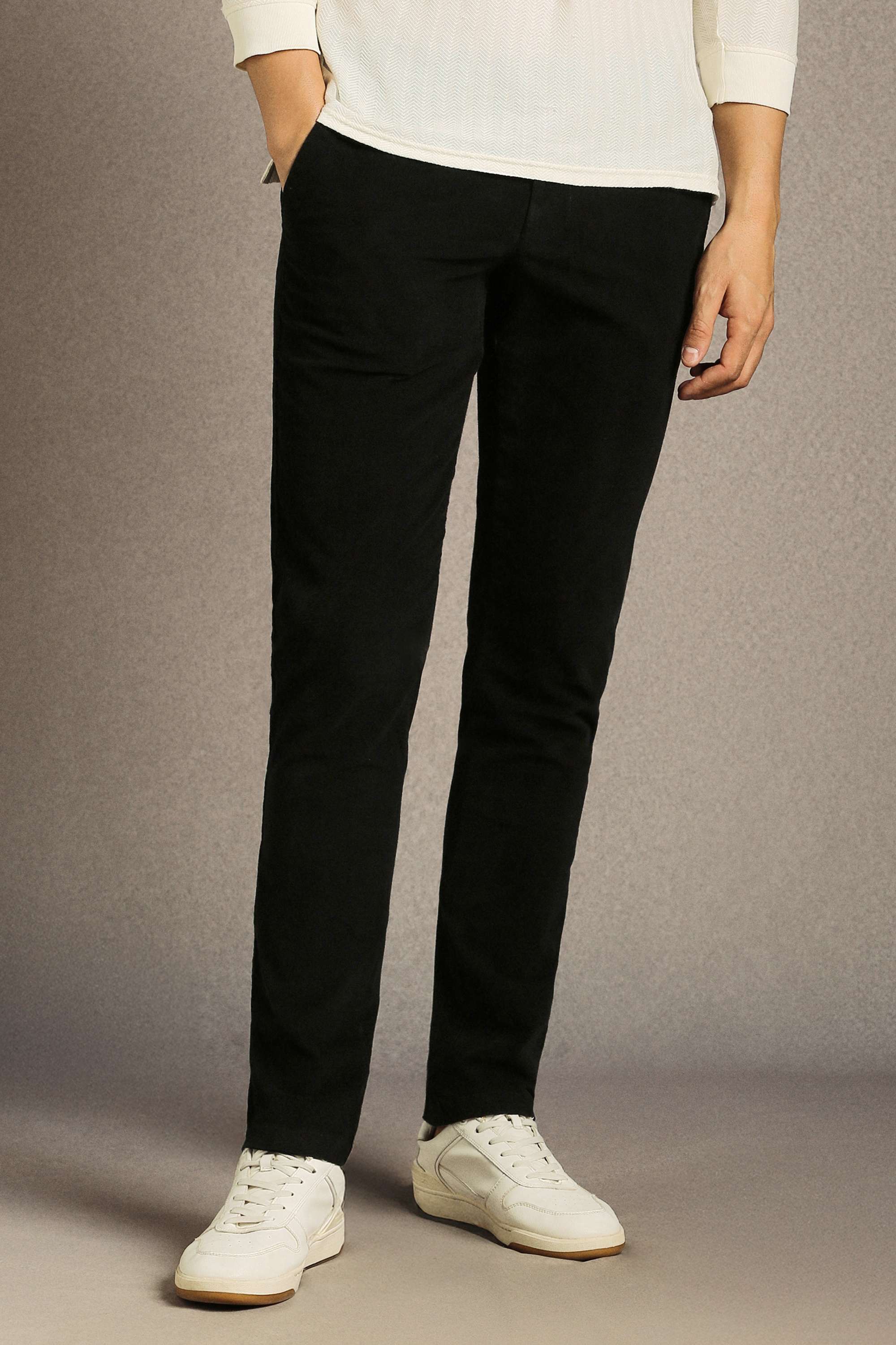 Solid-Cotton-Blend-Tapered-Fit-Men-s-Casual-Trousers