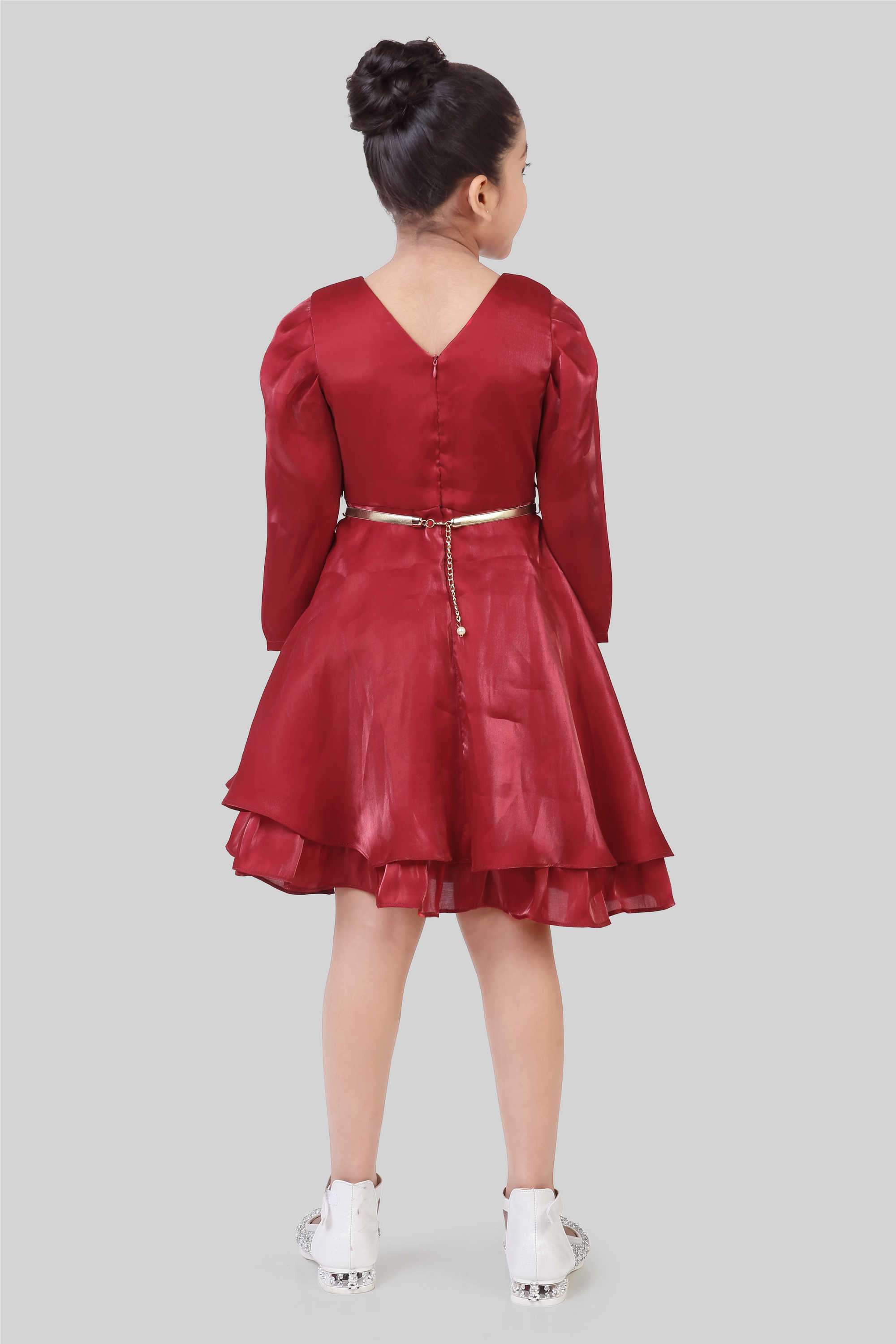 Solid-Polyester-Boat-Neck-Girl-s-Party-Wear-Dress