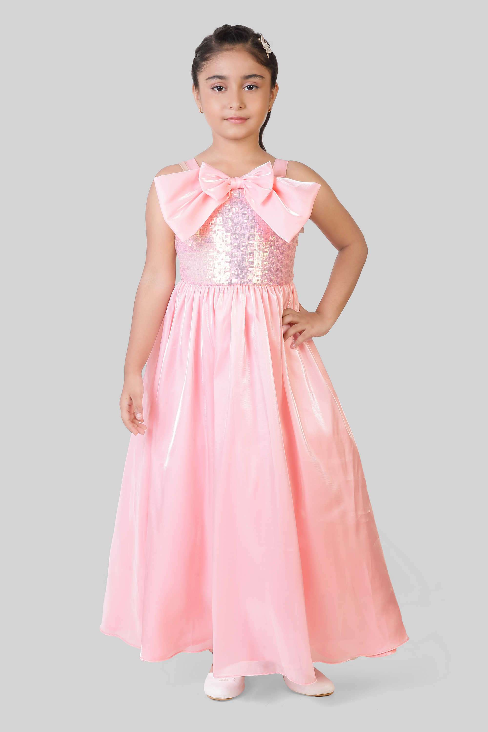 Solid-Polyester-Tie-Up-Neck-Girl-s-Party-Wear-Gown