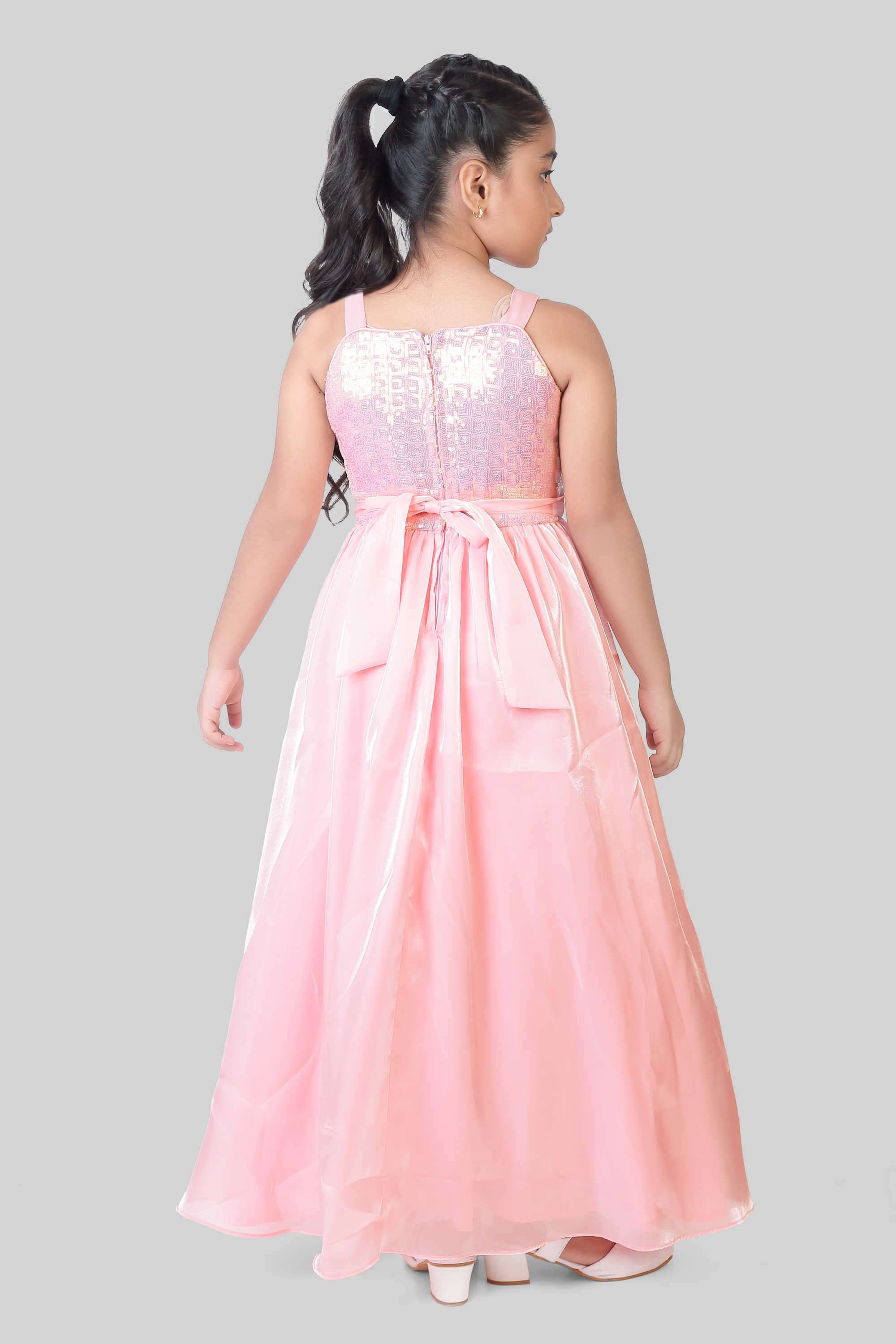 Solid-Polyester-Tie-Up-Neck-Girl-s-Party-Wear-Gown