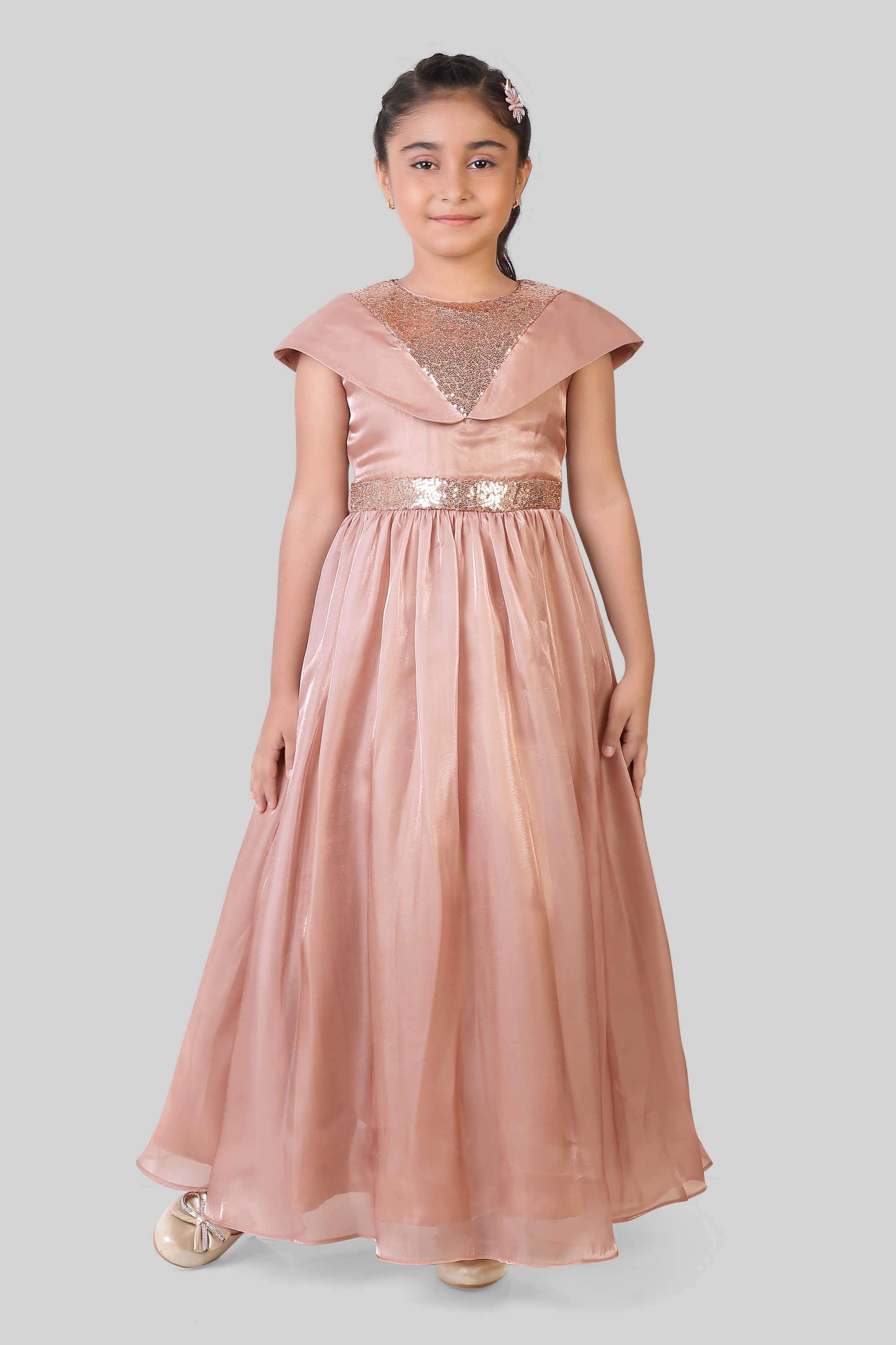 Solid-Polyester-Round-Neck-Girl-s-Party-Wear-Gown