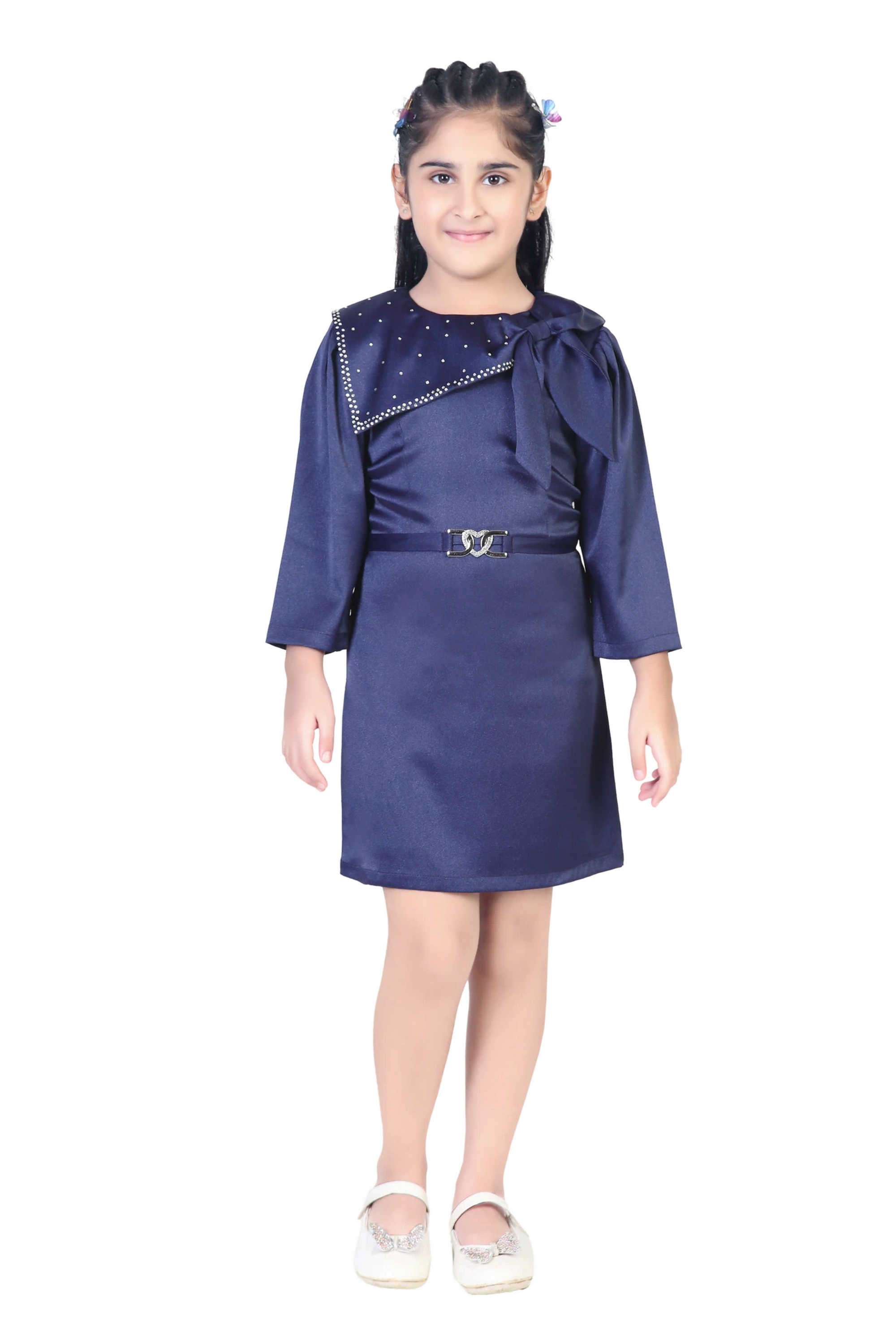 Solid-Blended-Fabric-Square-Neck-Girl-s-Party-Wear-Dress