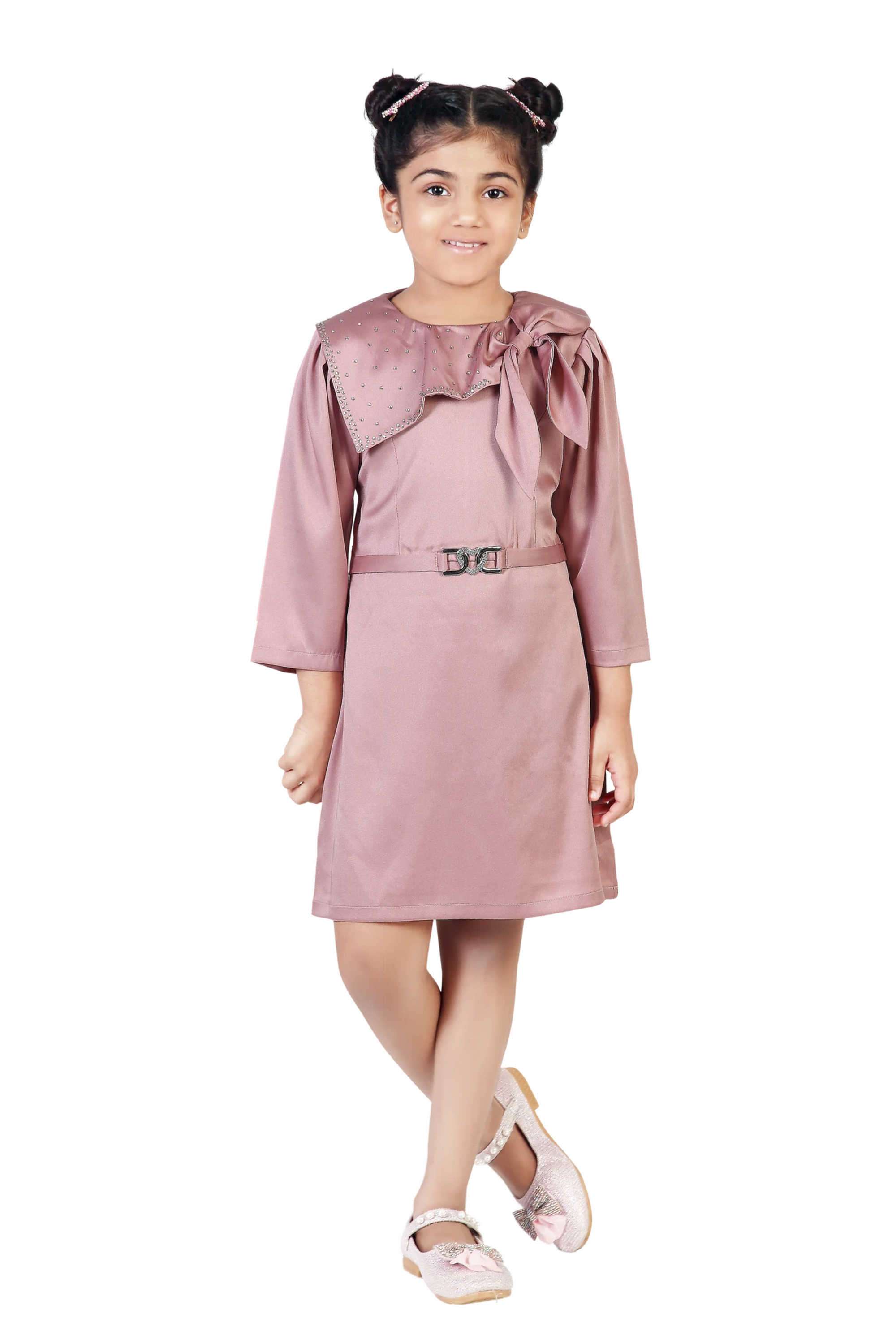 Solid-Blended-Fabric-Square-Neck-Girl-s-Party-Wear-Dress