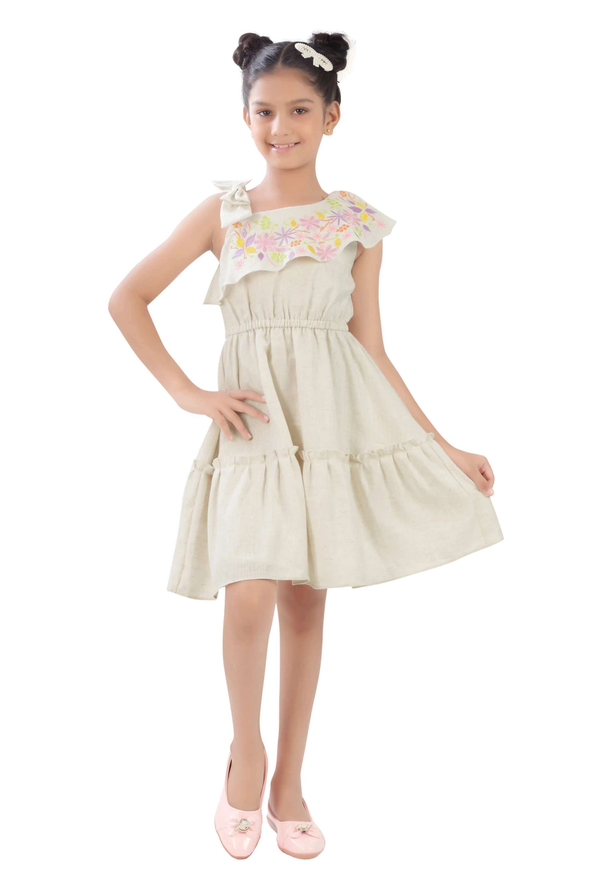 Embroidered-Polyester-One-Shoulder-Girls-Casual-Wear-Dress