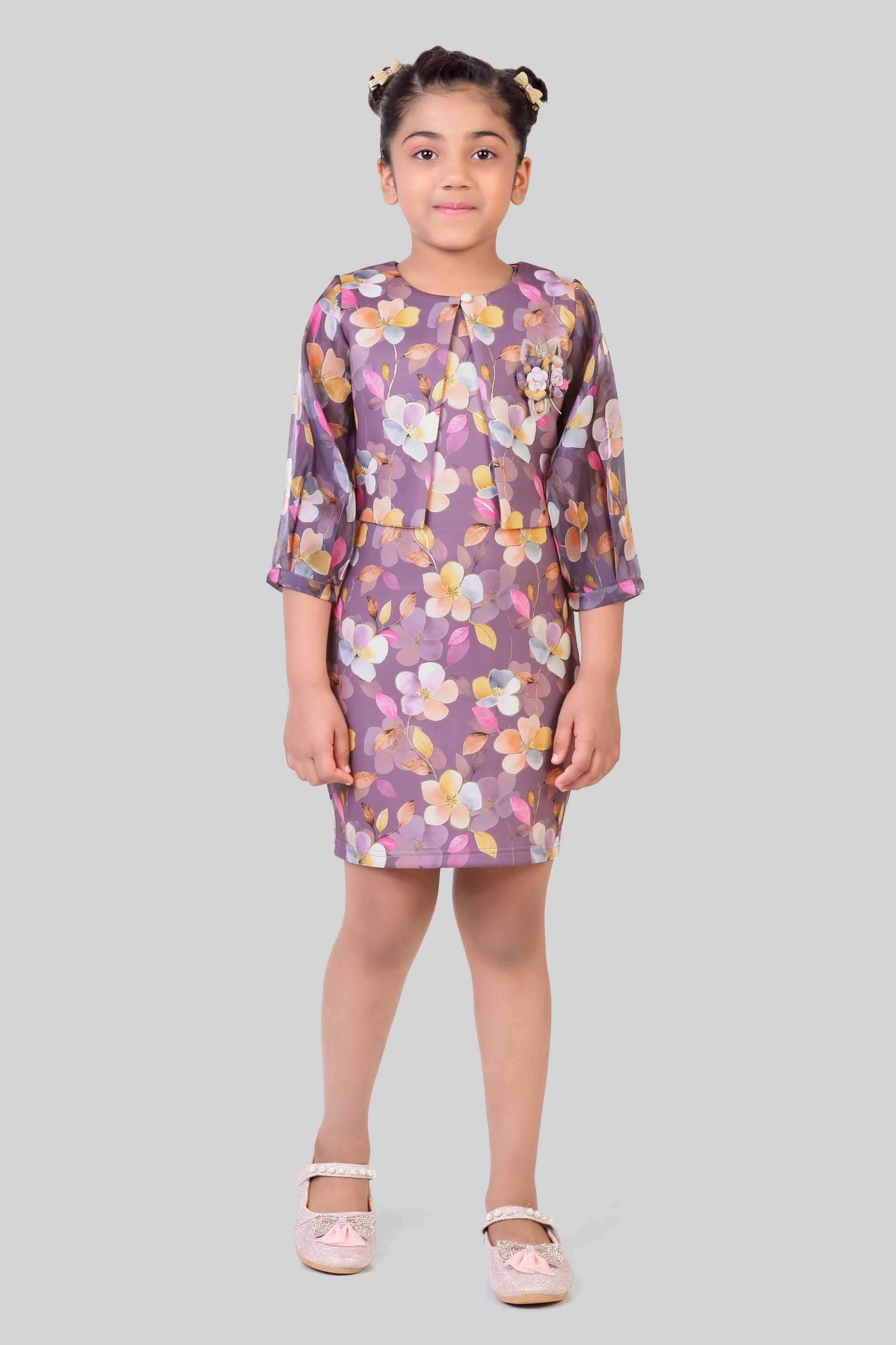 Floral-Blended-Fabric-Round-Neck-Girls-Party-Wear-Dress