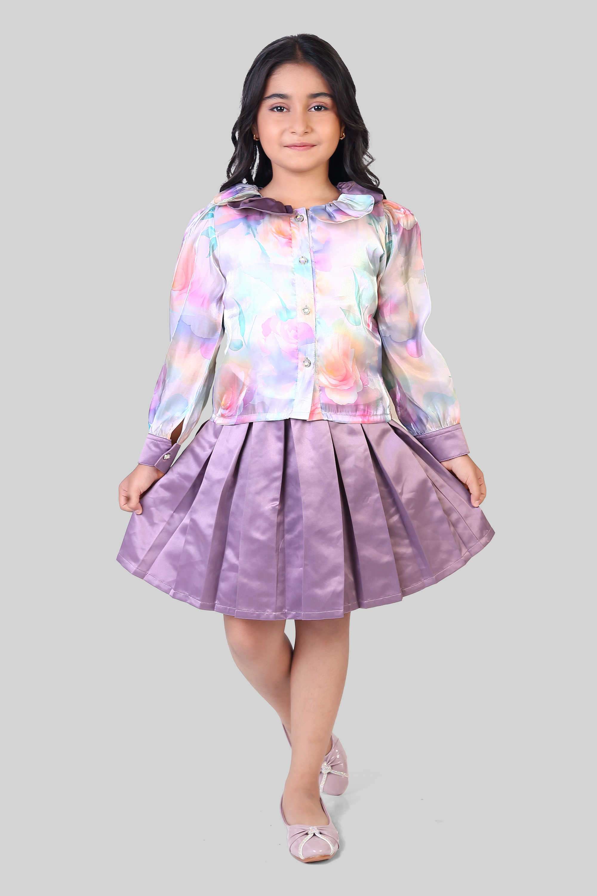 Printed-Polyester-Collared-Girl-s-Party-Wear-Clothing-Set