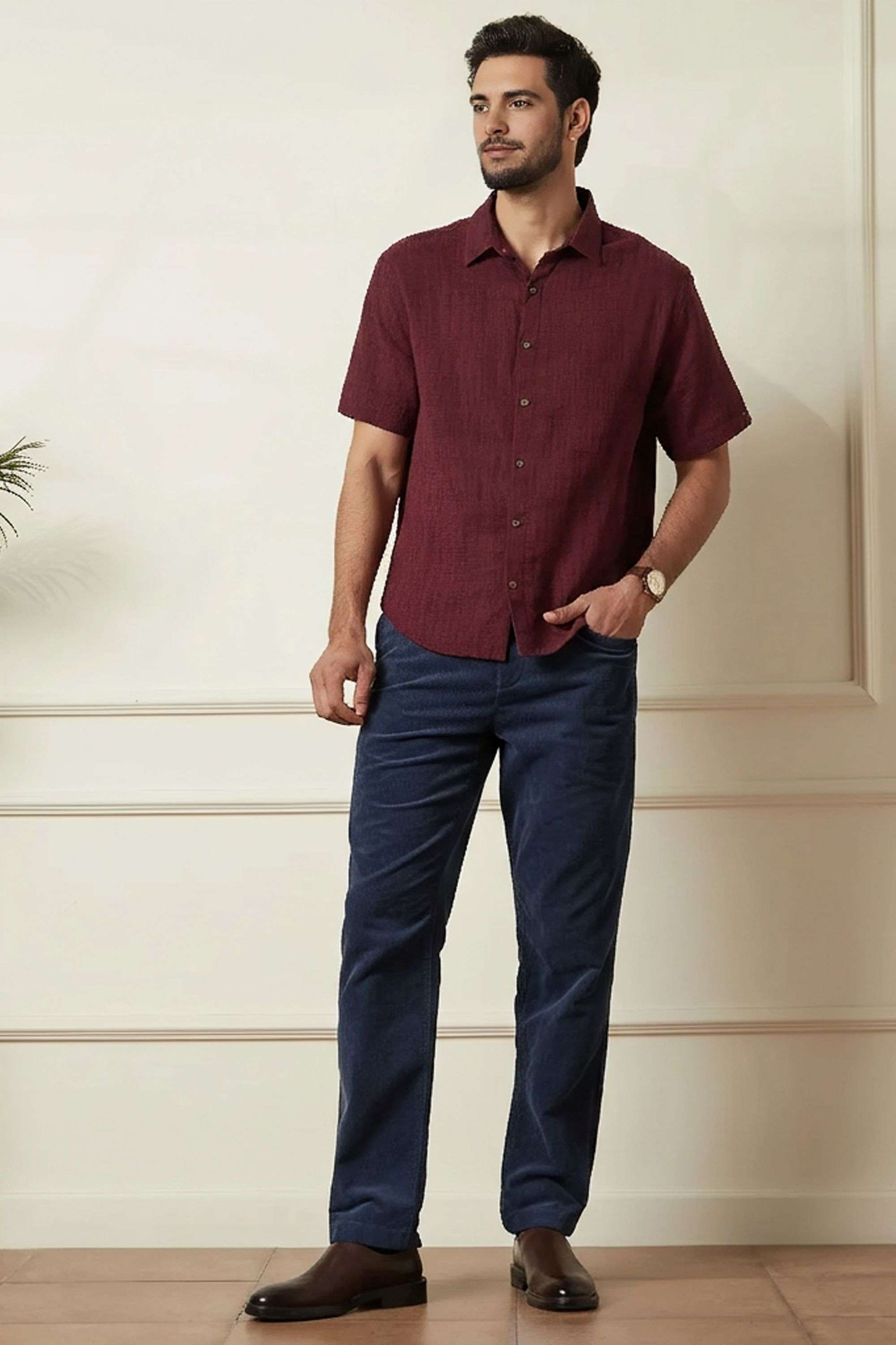 Solid-Blended-Fabric-Regular-Fit-Men-Trousers