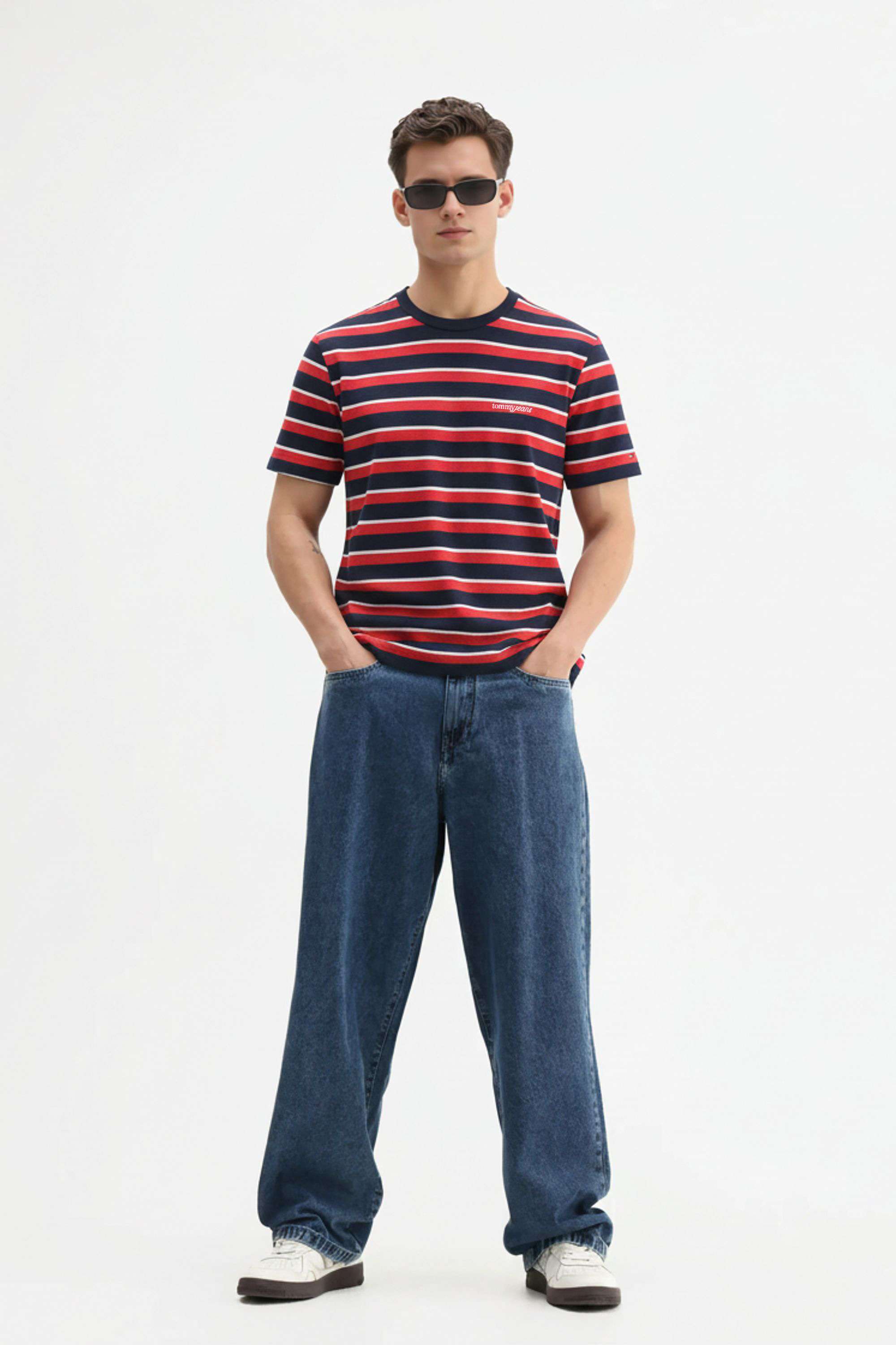 Stripes-Blended-Fabric-Round-Neck-Men-s-T-Shirt