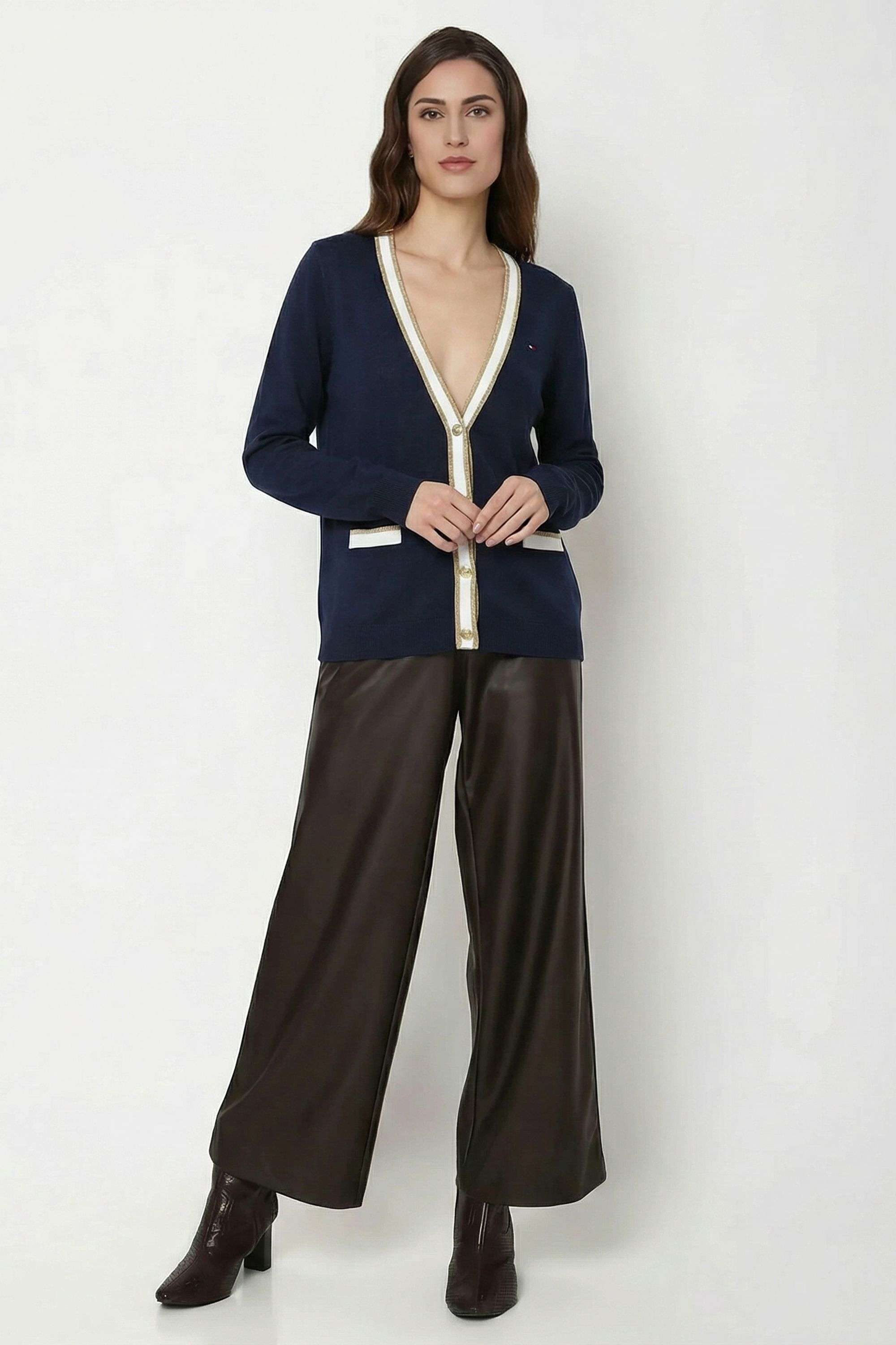 Solid-V-Neck-Blended-Fabric-Women-s-Sweater