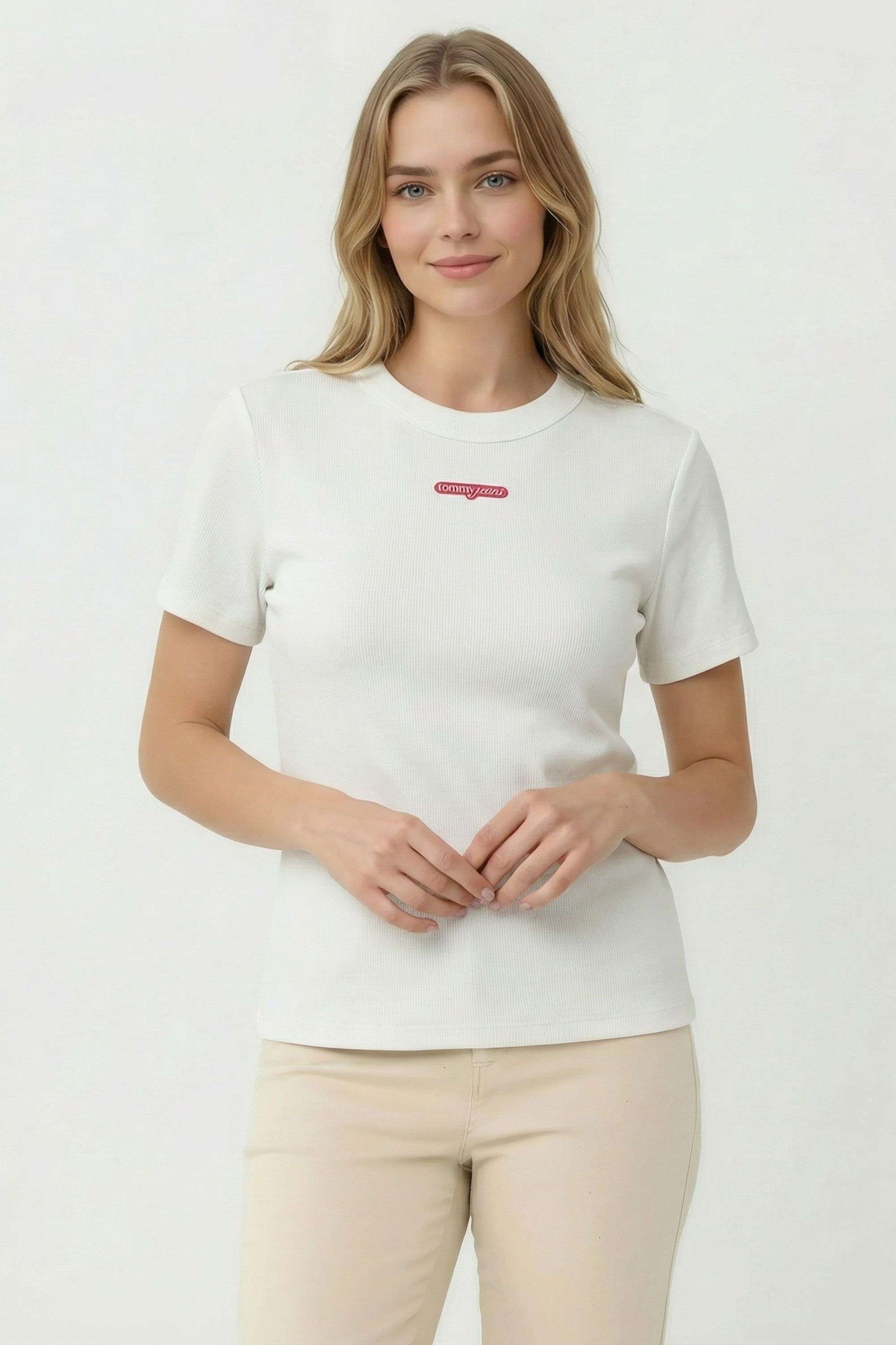 Solid-Blended-Fabric-Round-Neck-Women-T-Shirt