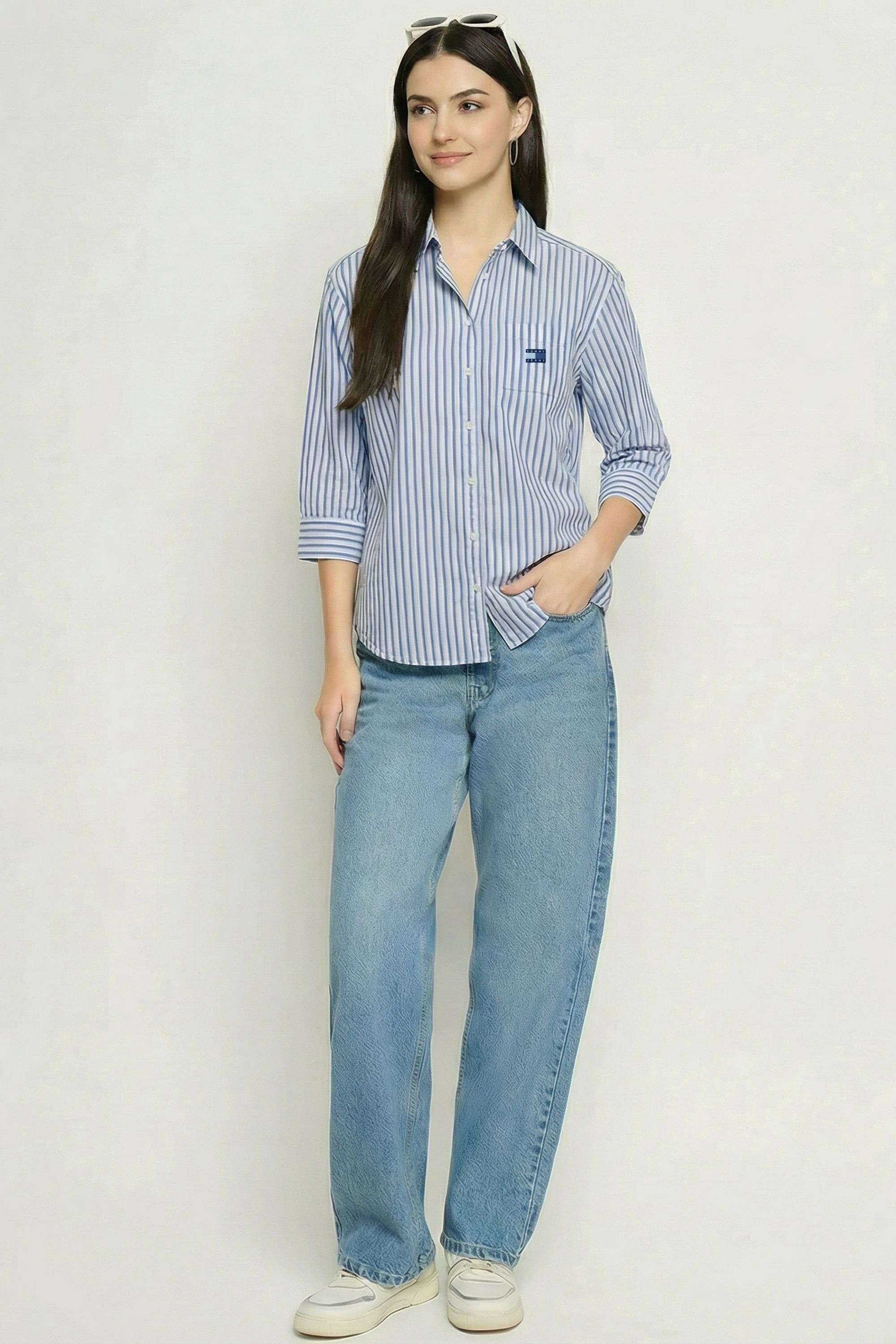 Solid-Collared-Blended-Fabric-Women-s-Casual-Wear-Shirt
