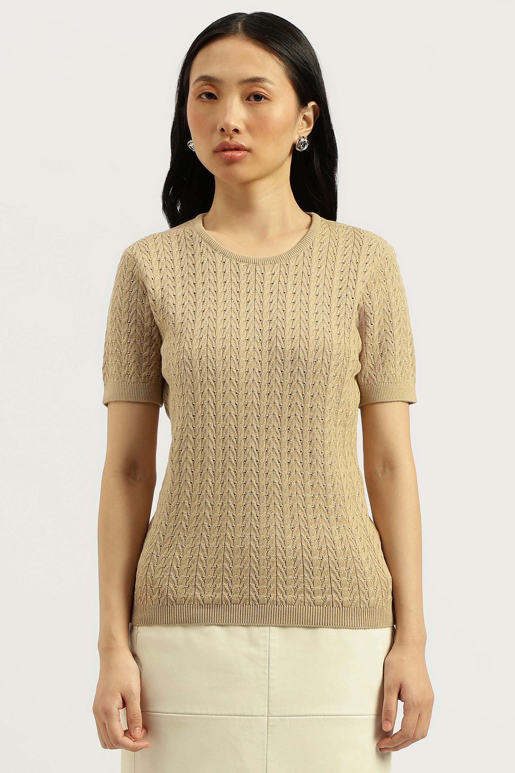 Solid-Round-Neck-Blended-Fabric-Women-Sweater