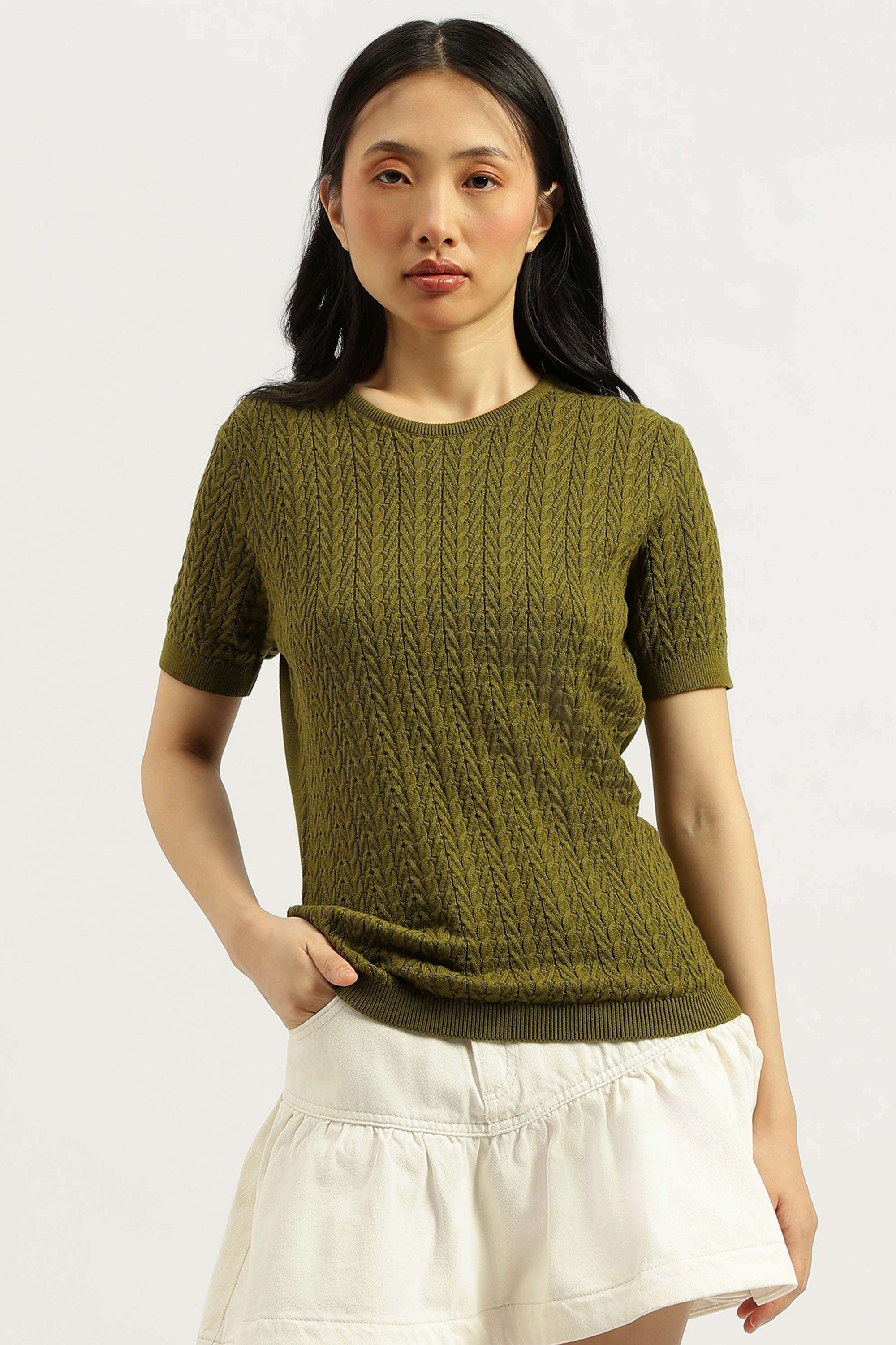 Solid-Round-Neck-Blended-Fabric-Women-Sweater