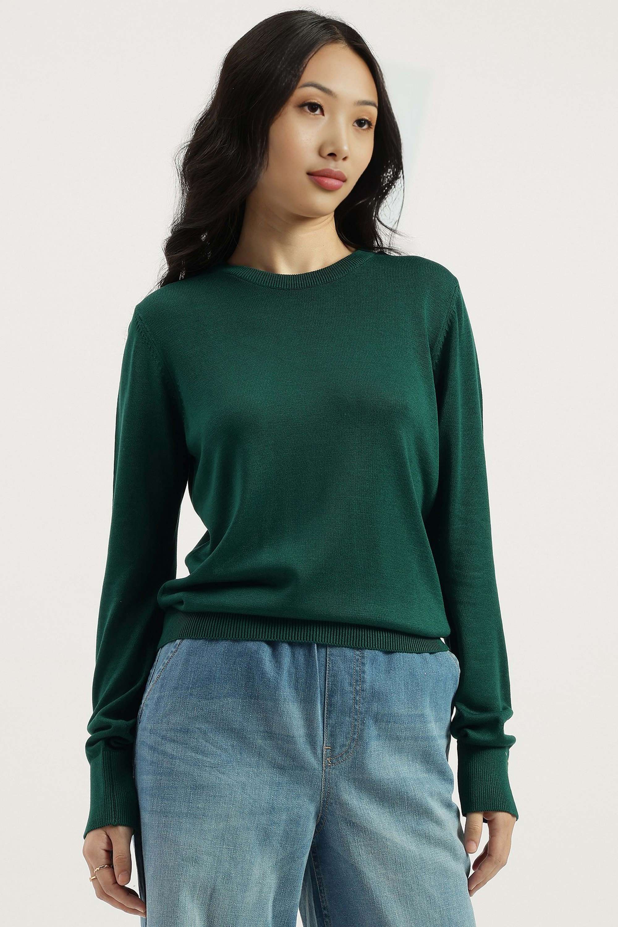 Solid-Round-Neck-Blended-Fabric-Women-Sweater