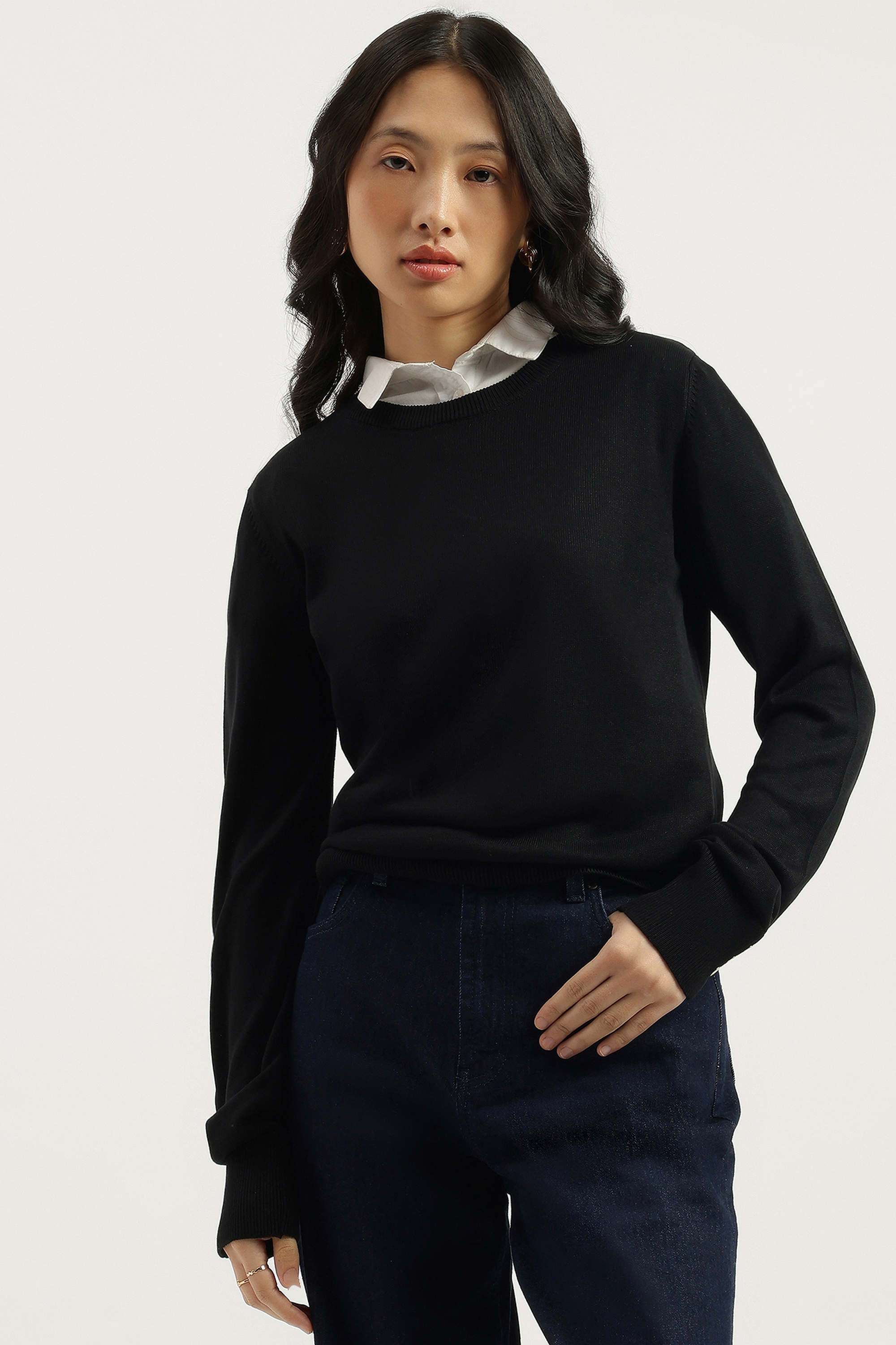 Solid-Round-Neck-Blended-Fabric-Women-Sweater