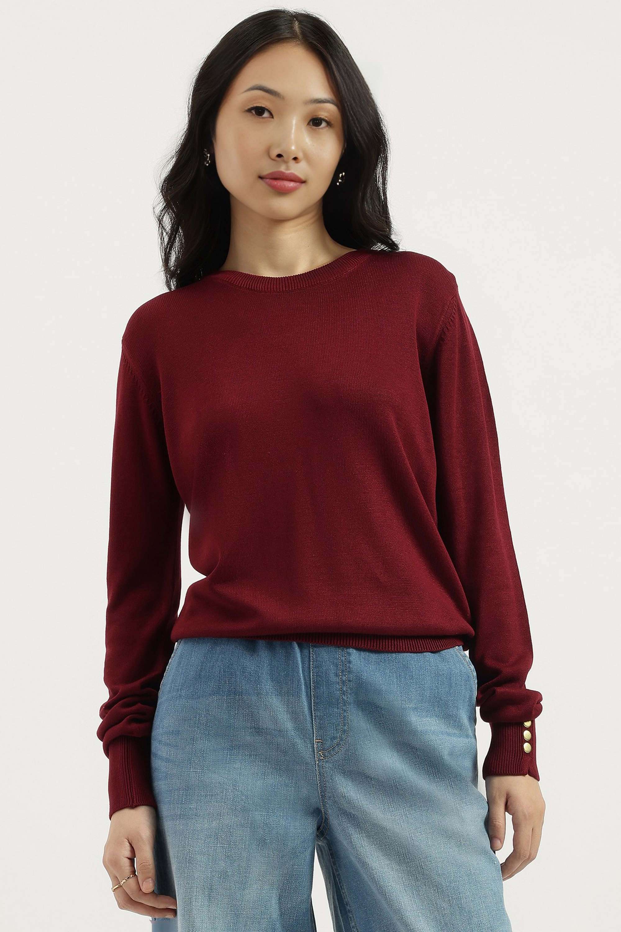 Solid-Round-Neck-Blended-Fabric-Women-Sweater