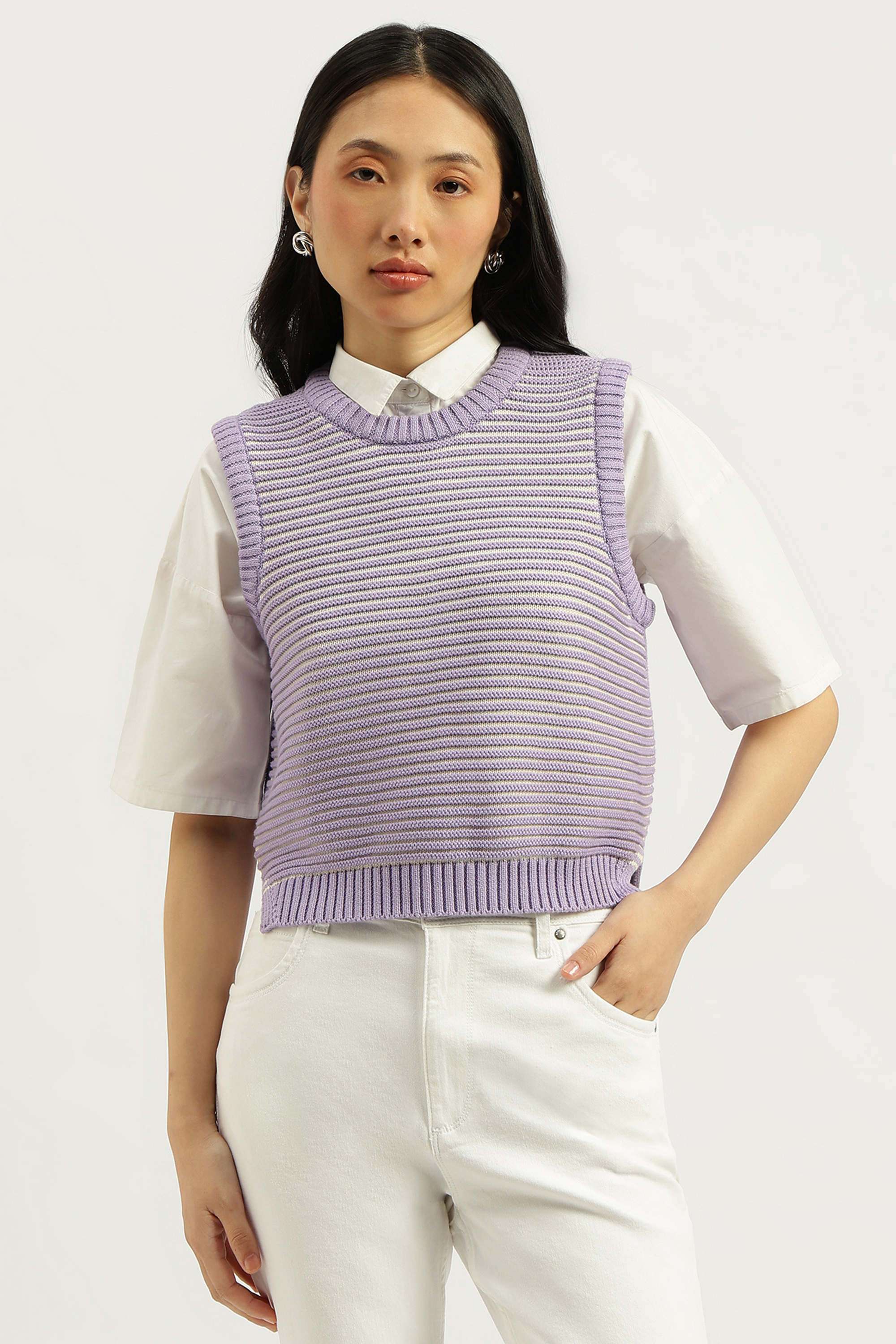 Stripes-Round-Neck-Blended-Fabric-Women-Sweater