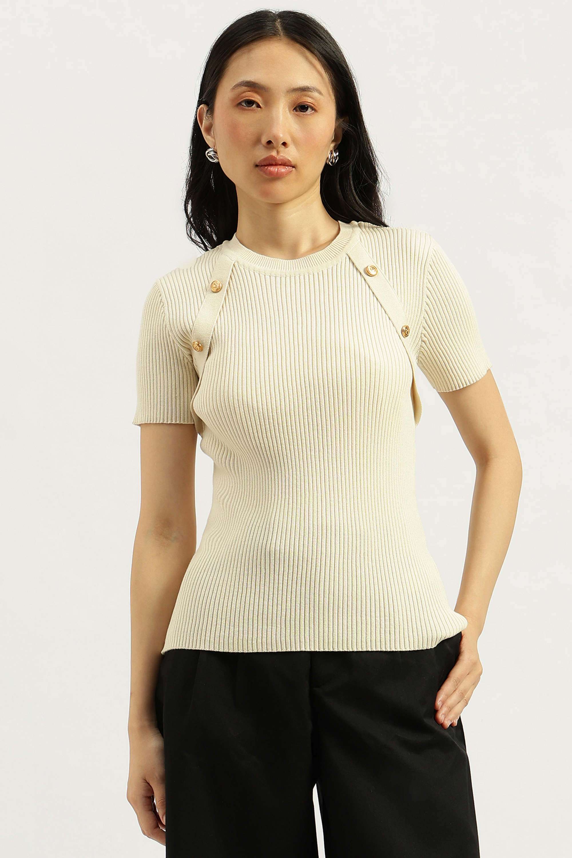 Solid-Round-Neck-Blended-Fabric-Women-Sweater