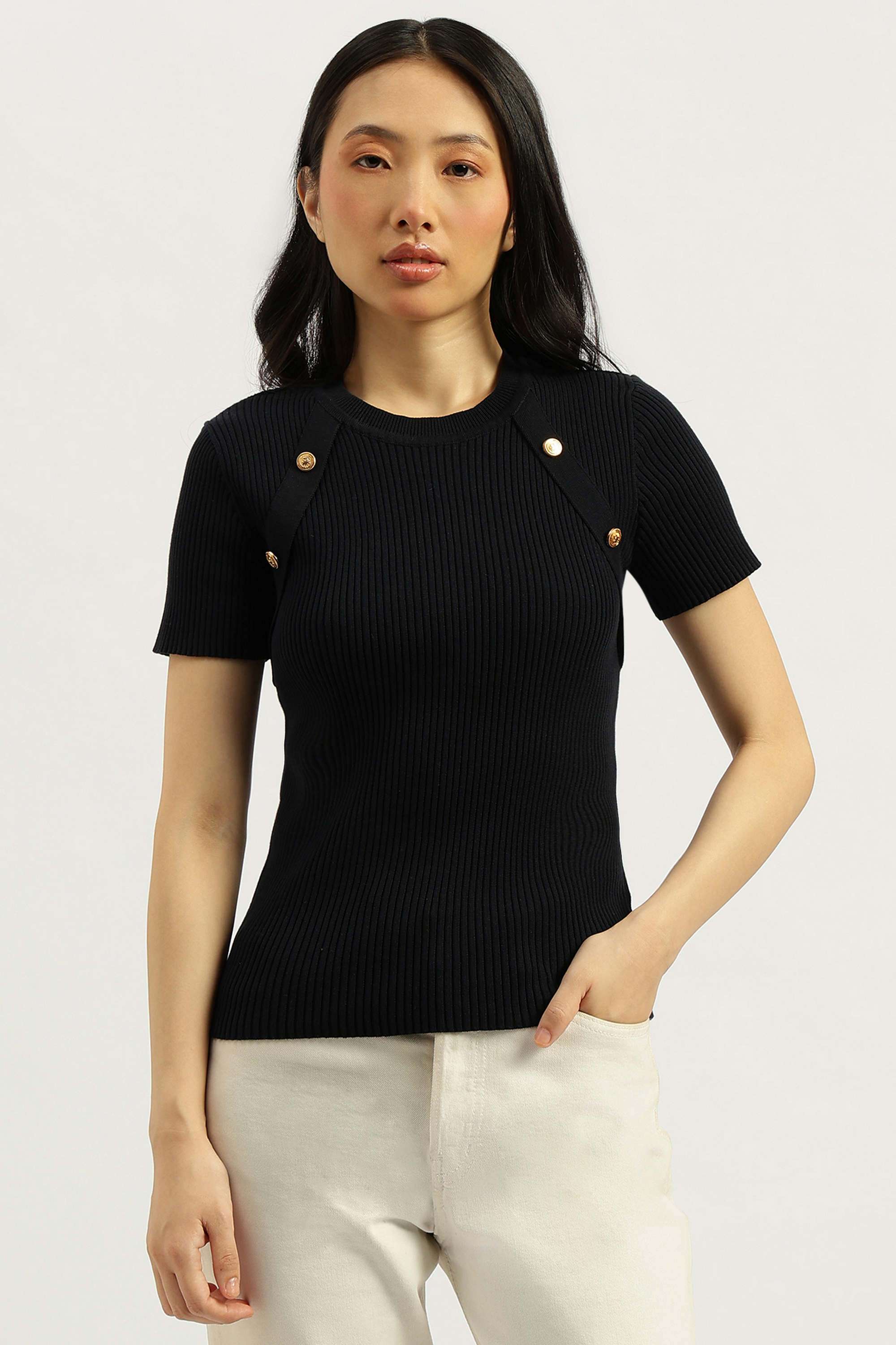 Solid-Round-Neck-Blended-Fabric-Women-Sweater