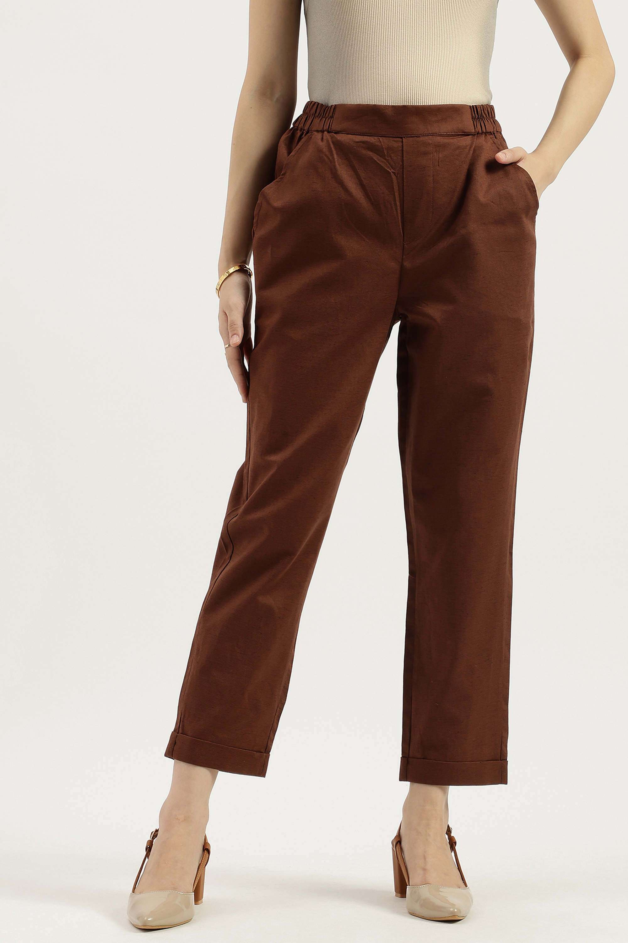 Solid-Blended-Fabric-Regular-Fit-Women-s-Pants