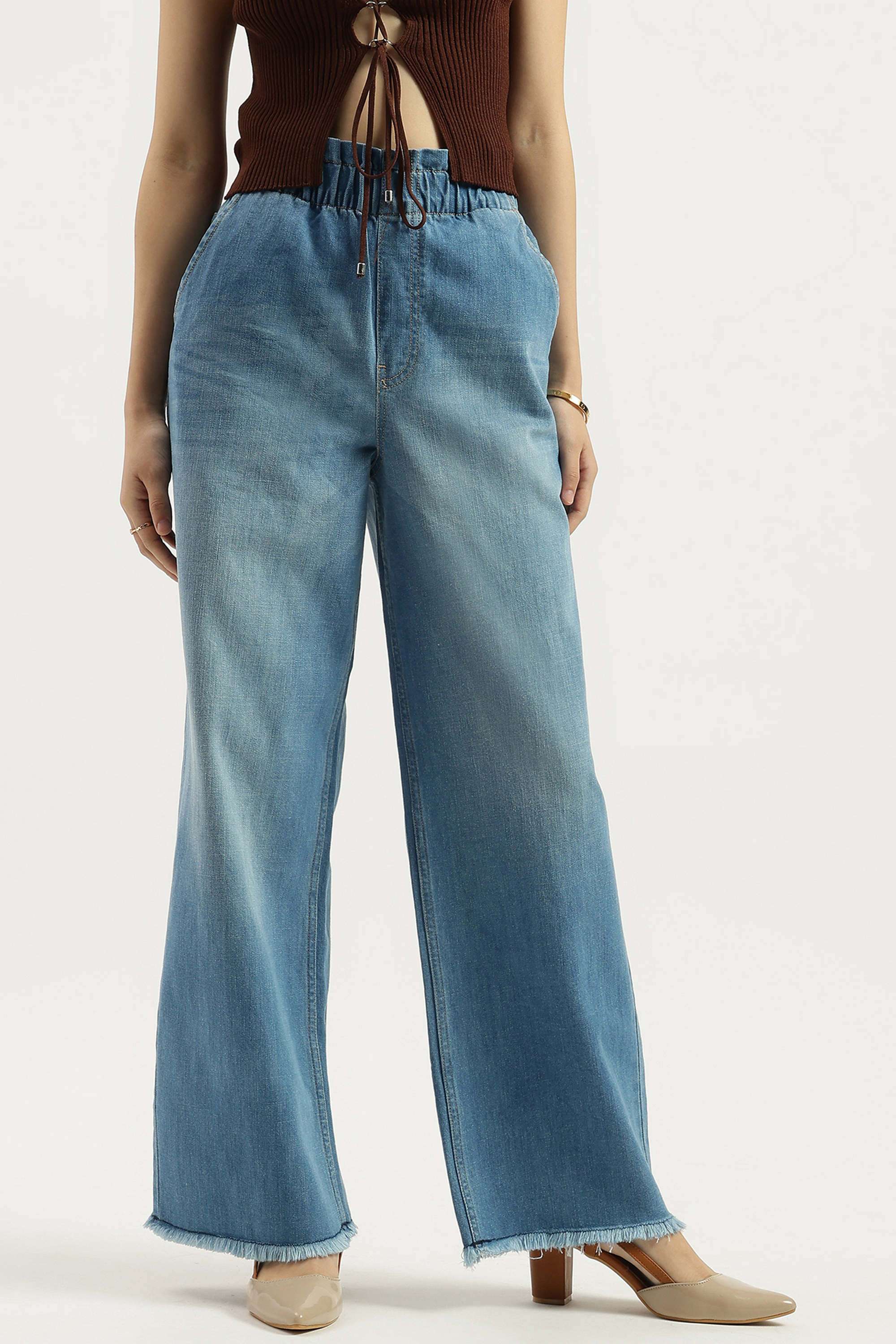 Solid-Blended-Fabric-Wide-Leg-Fit-Women-s-Jeans