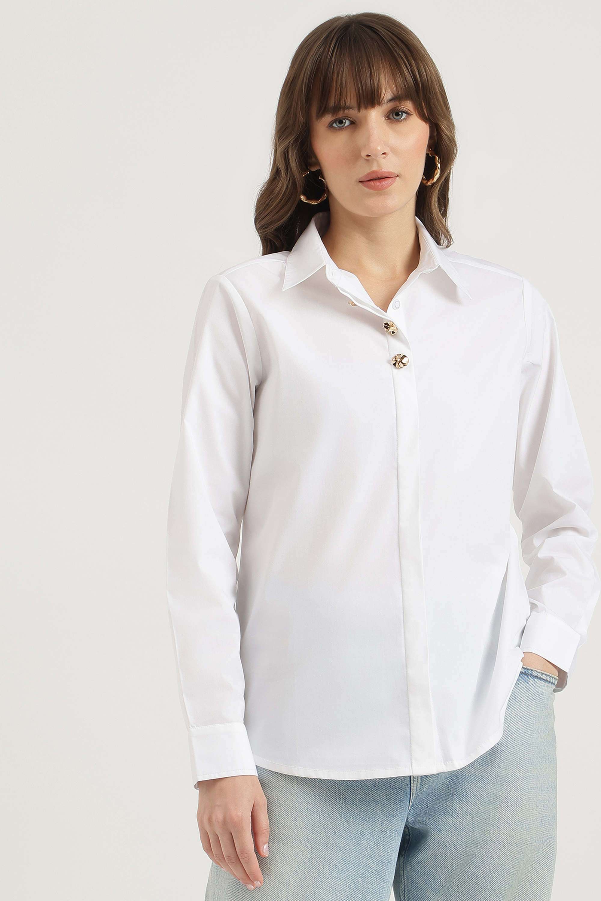 Solid-Blended-Fabric-Regular-Fit-Women-s-Shirt