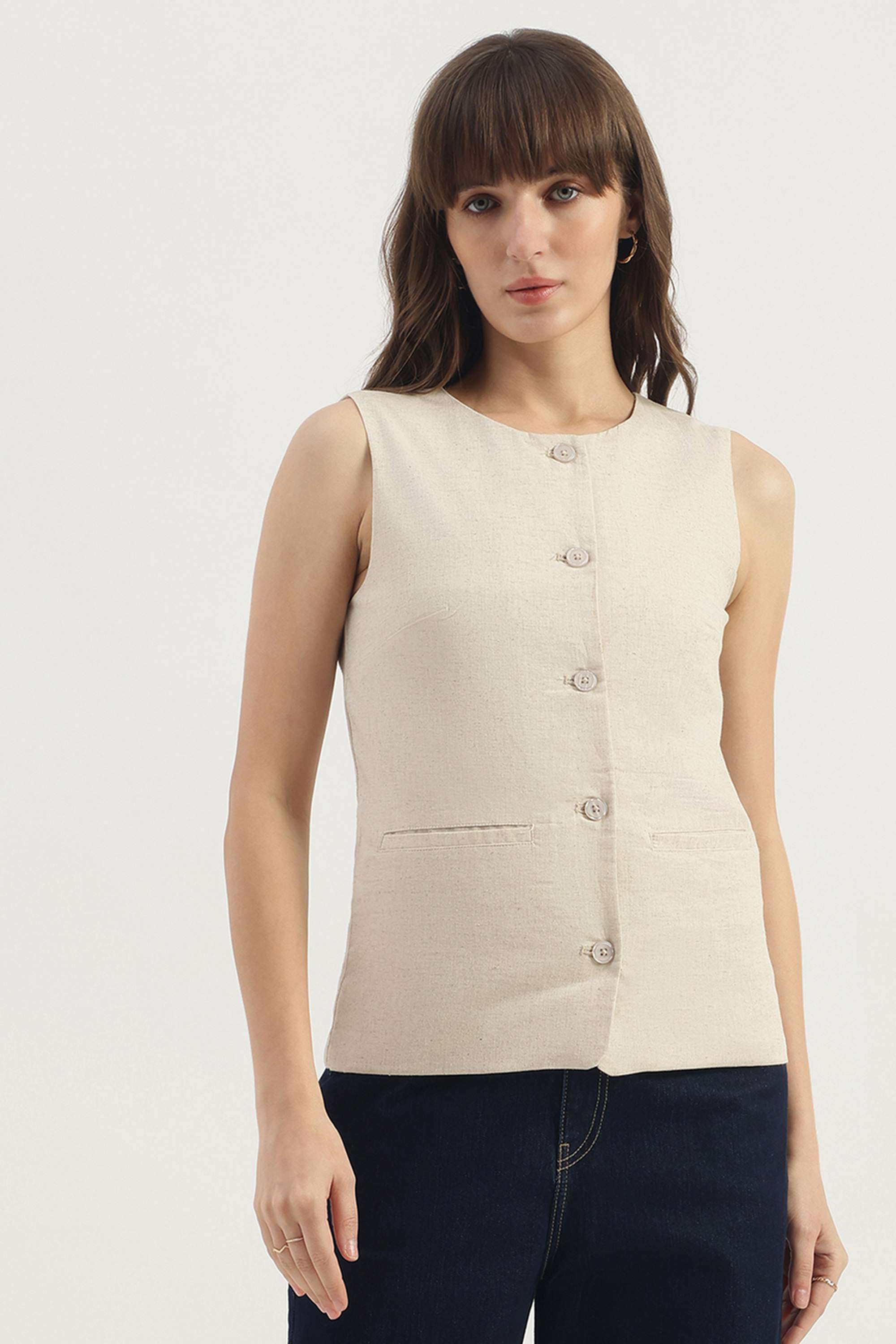 Solid-Round-Neck-Blended-Fabric-Women-Jacket