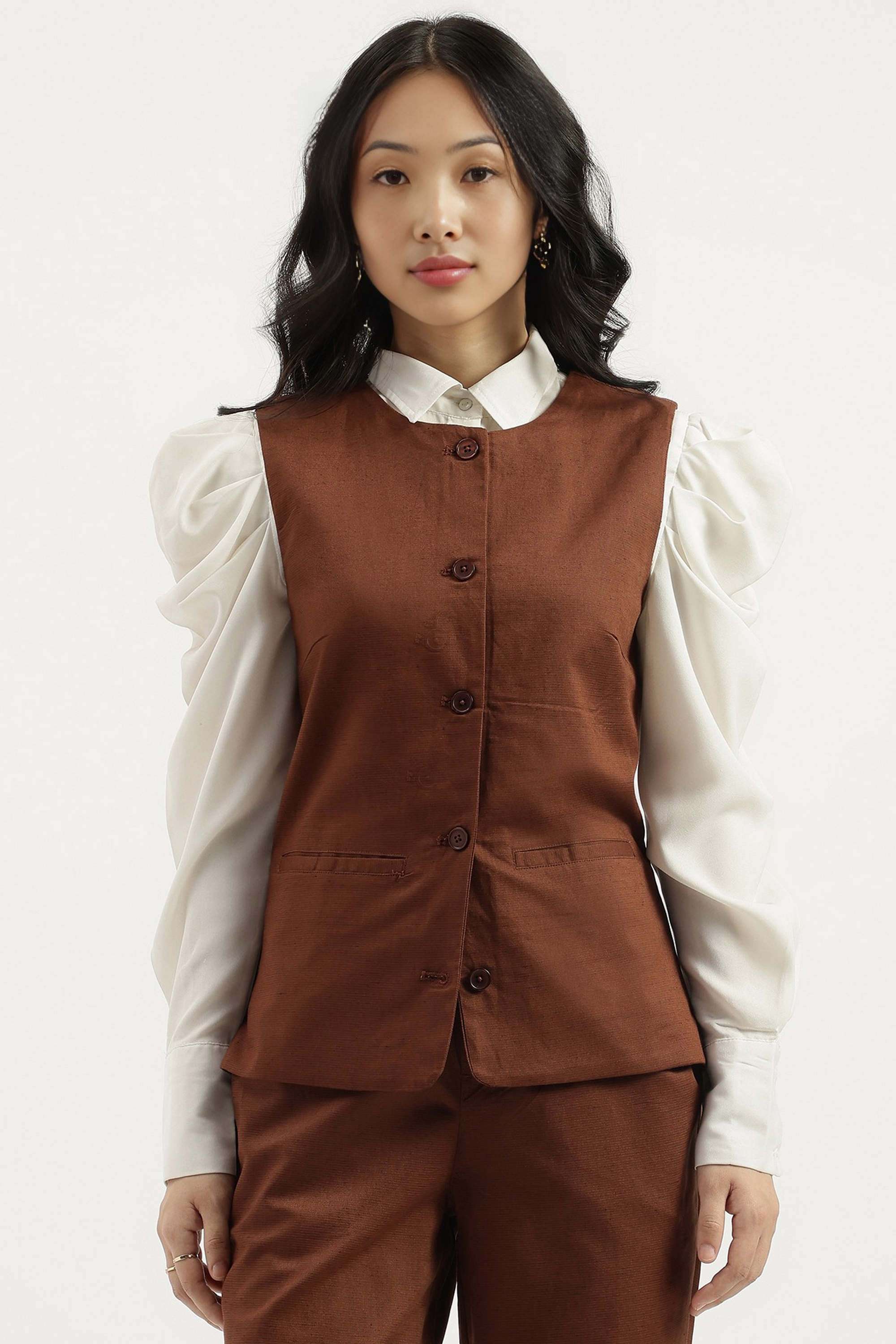 Solid-Round-Neck-Blended-Fabric-Women-Waistcoat