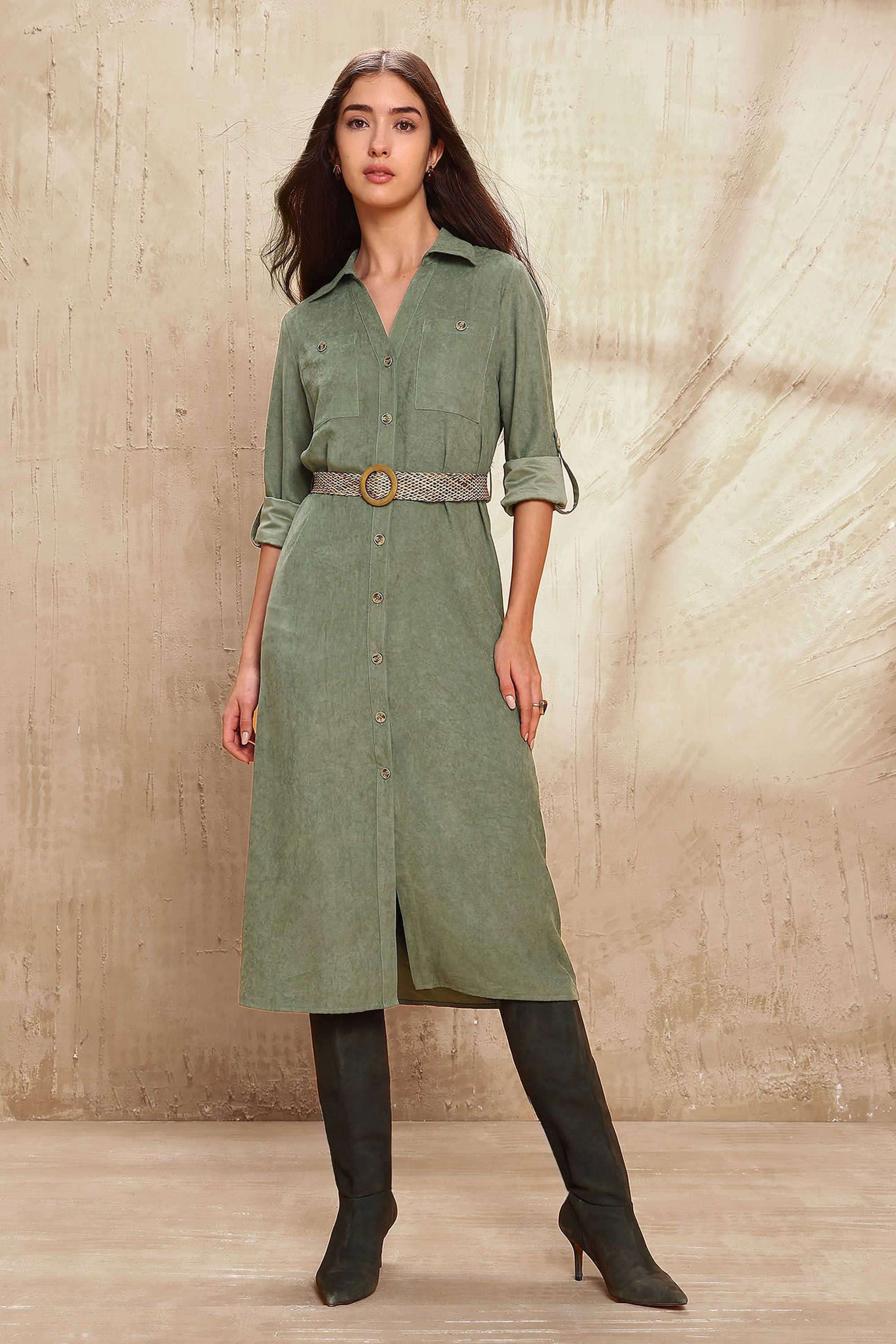 Solid-Polyester-Collared-Women-s-Dress