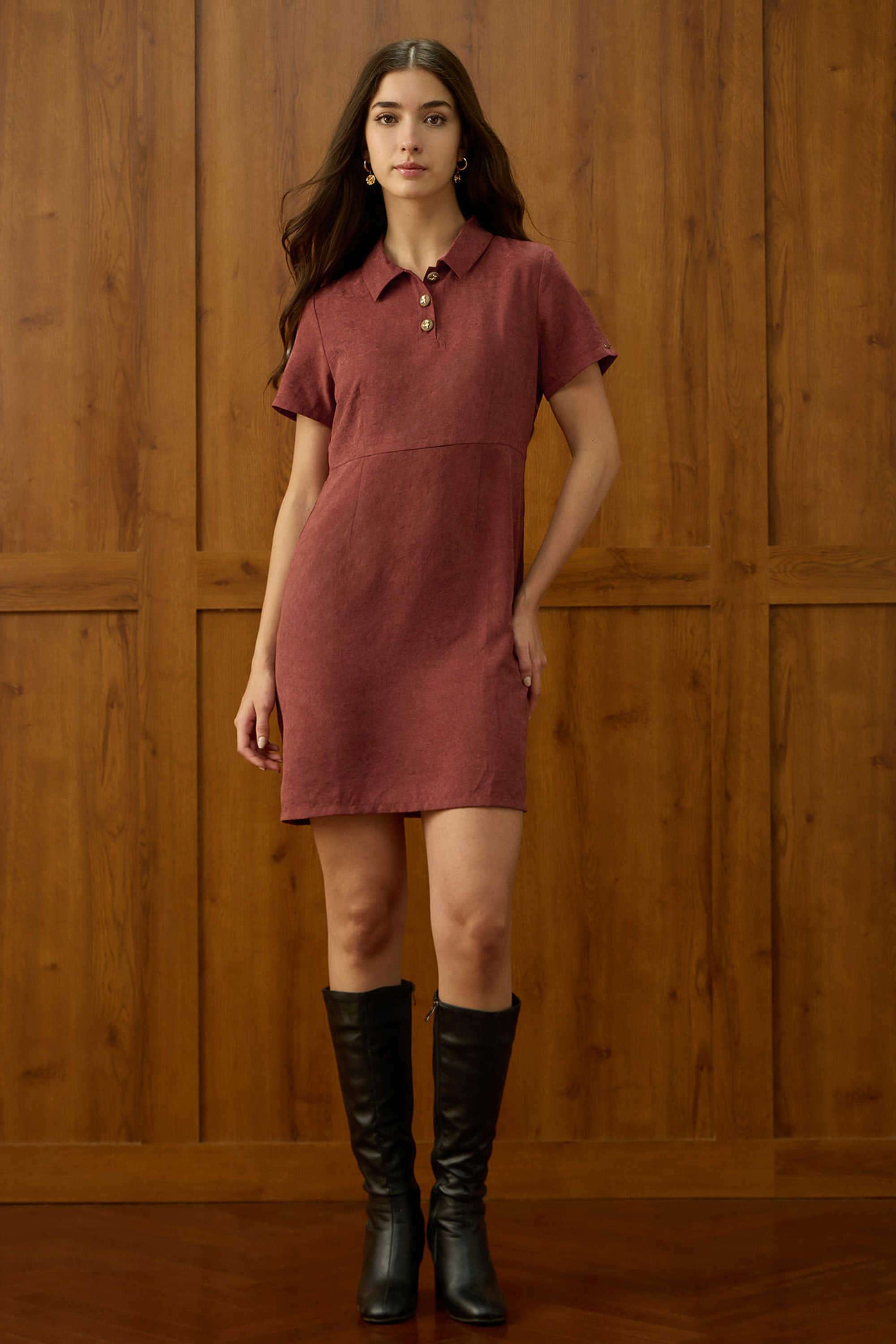 Solid-Polyester-Collared-Women-s-Dress