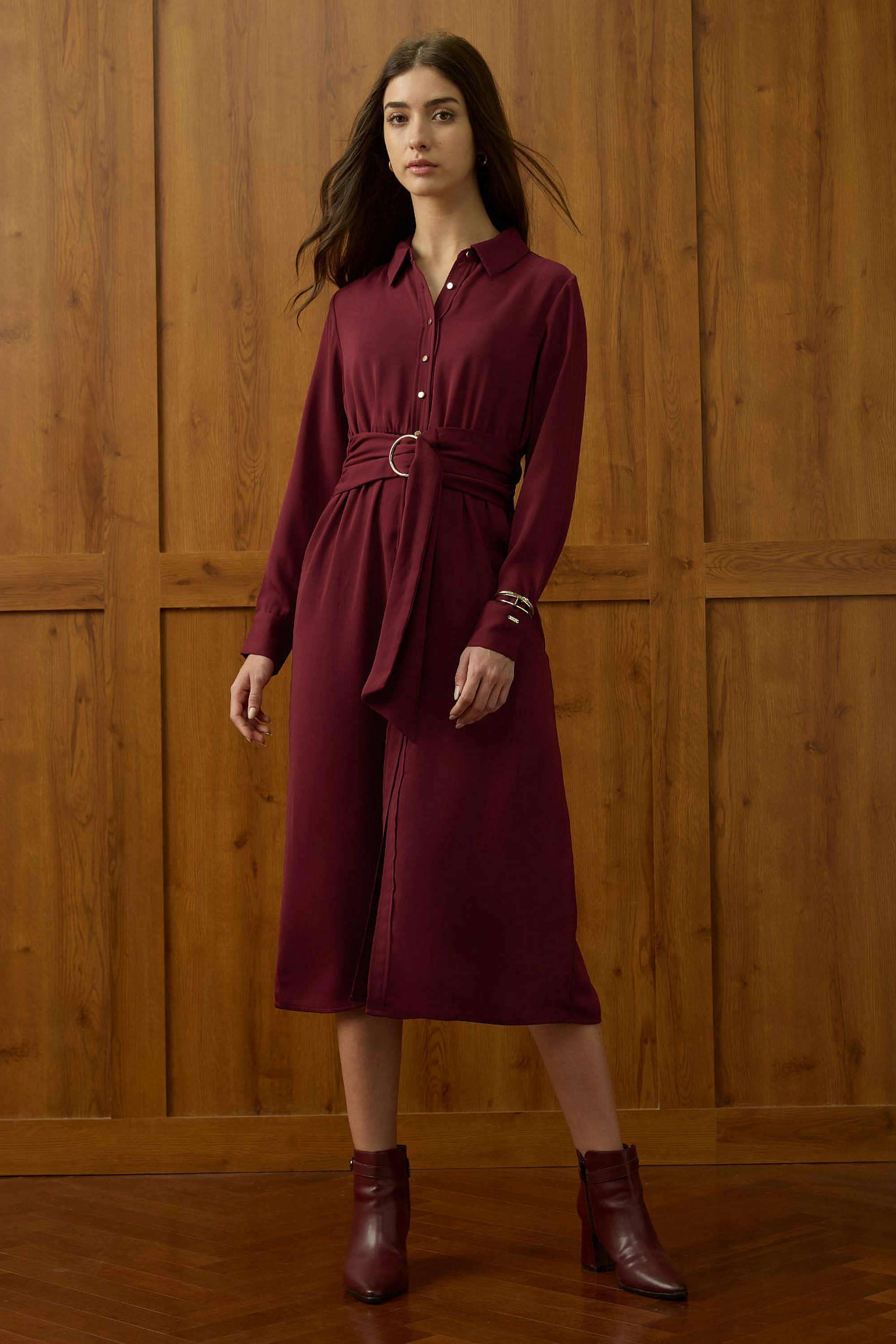 Solid-Polyester-Collared-Women-s-Dress