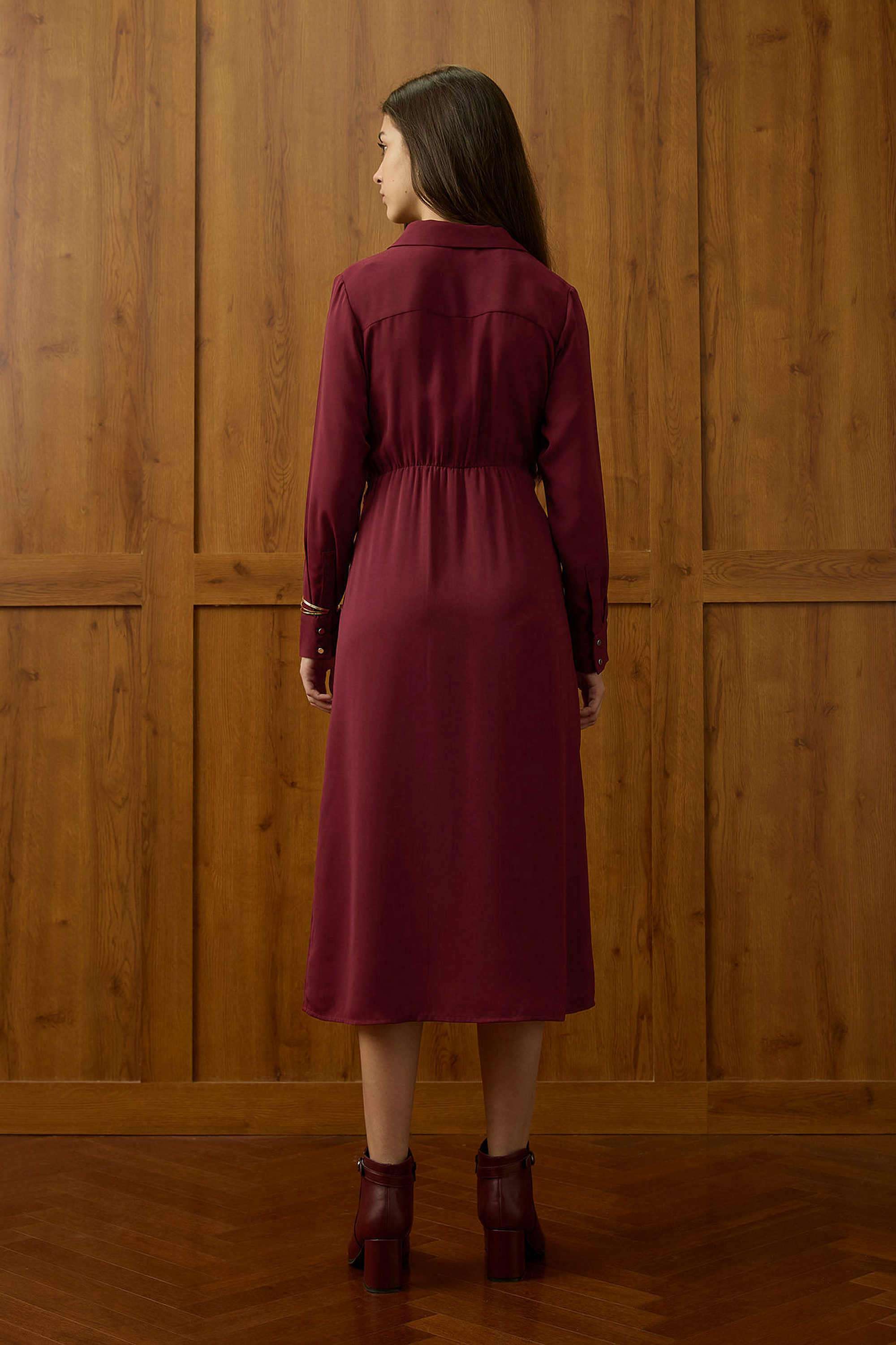 Solid-Polyester-Collared-Women-s-Dress