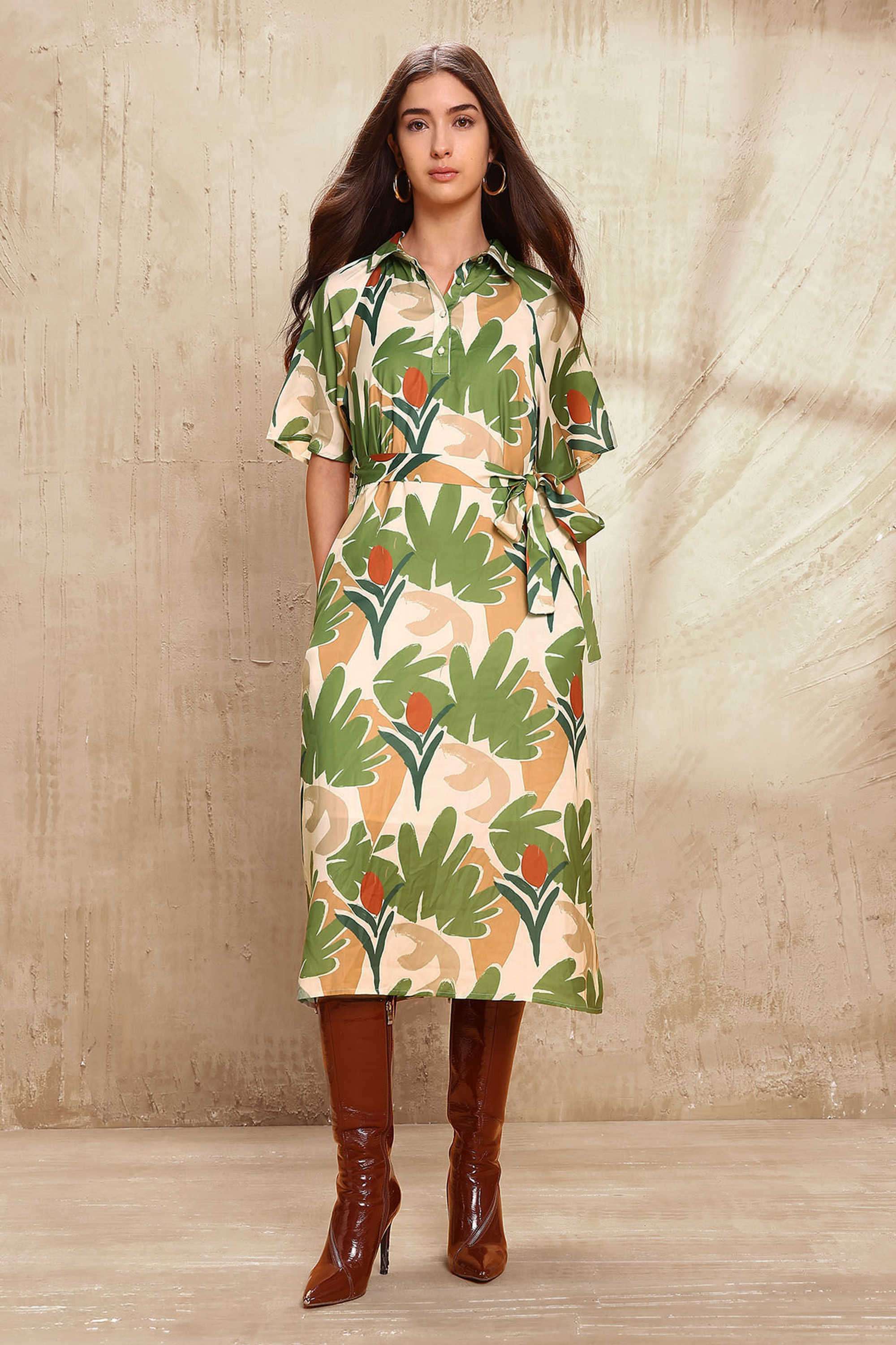 Printed-Polyester-Collared-Women-s-Dress