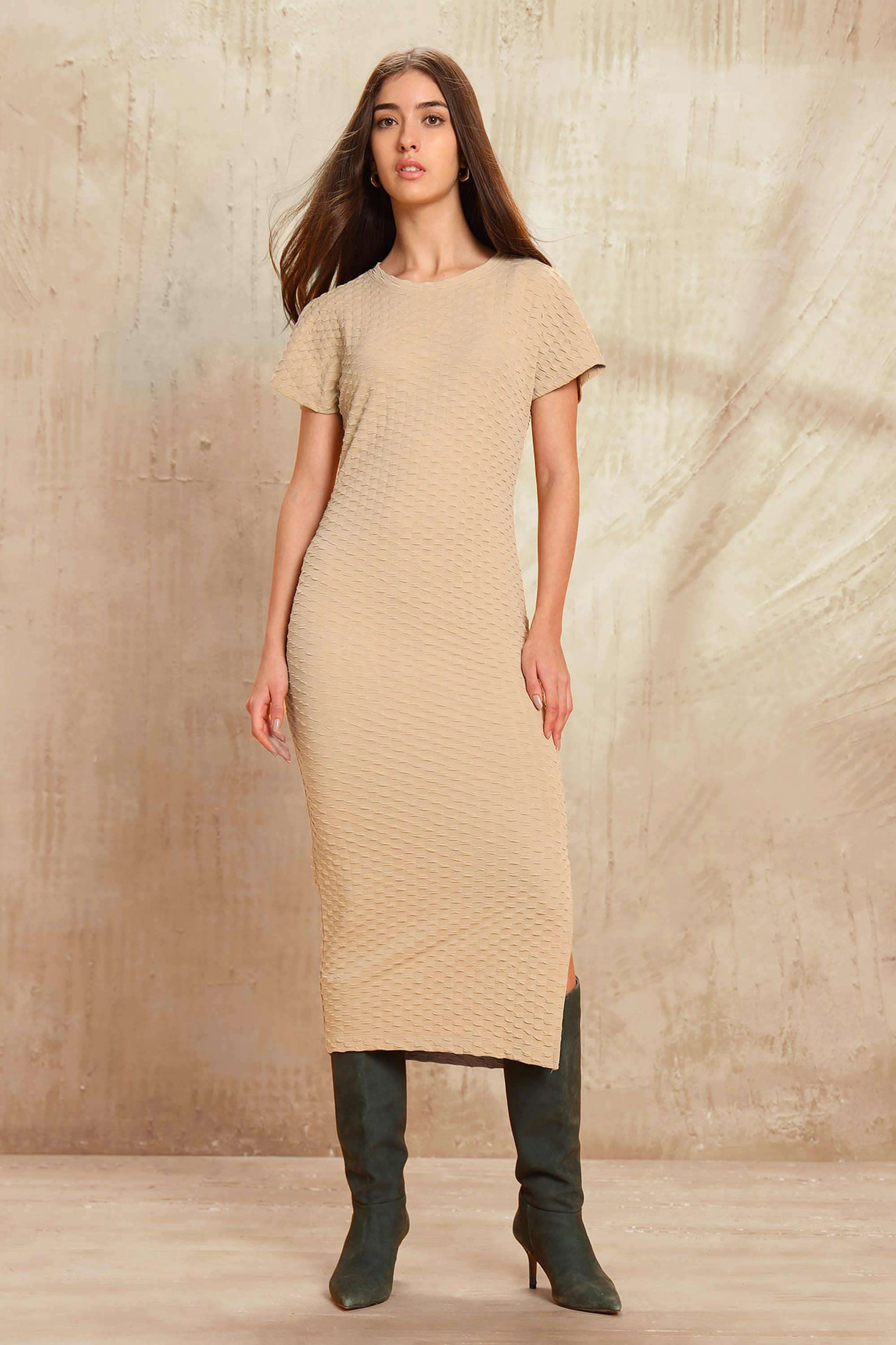 Textured-Polyester-Round-Neck-Women-s-Dress
