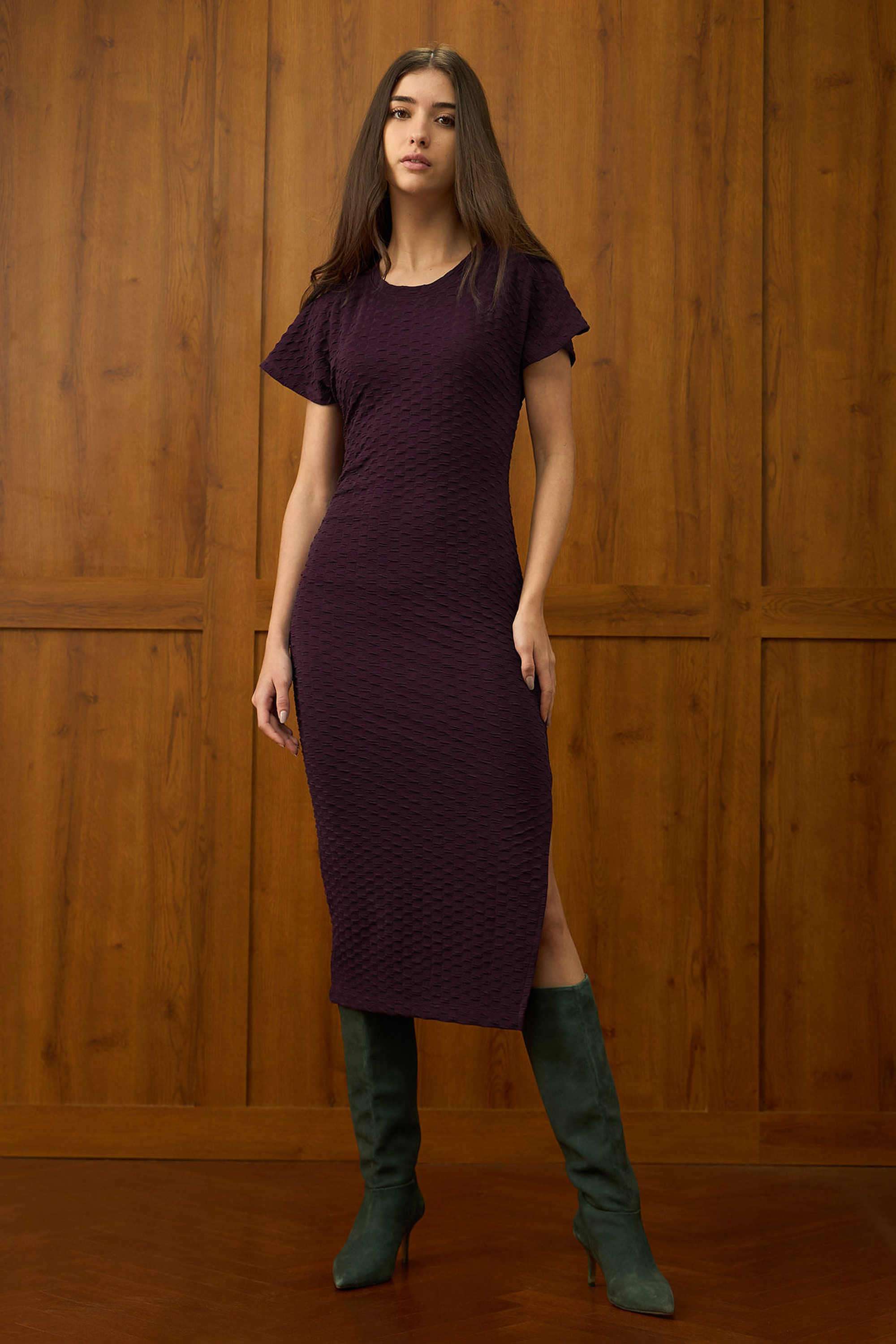 Textured-Polyester-Round-Neck-Women-s-Dress