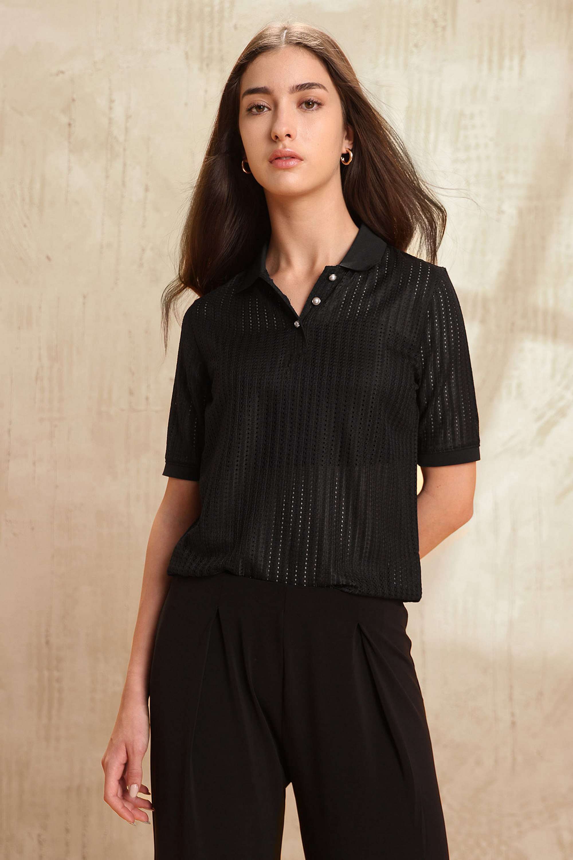 Solid-Polyester-Collared-Women-s-T-Shirt