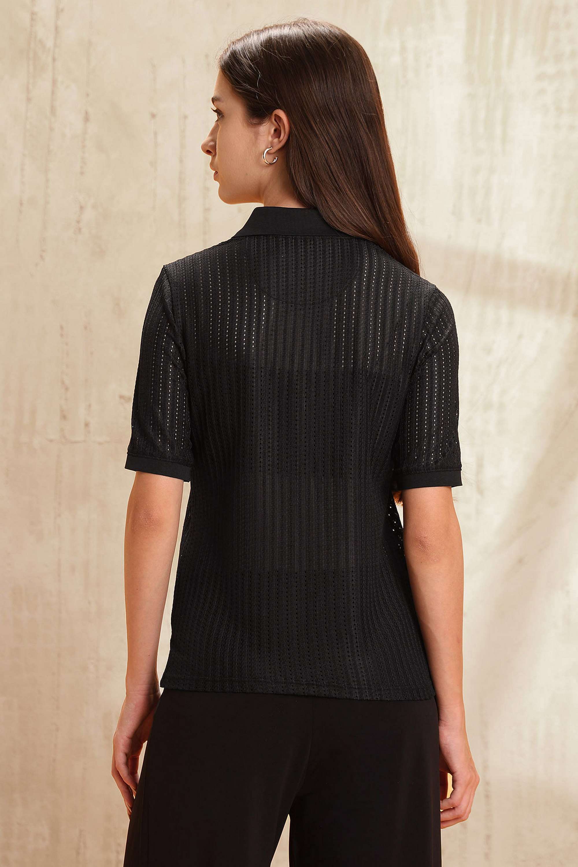 Solid-Polyester-Collared-Women-s-T-Shirt