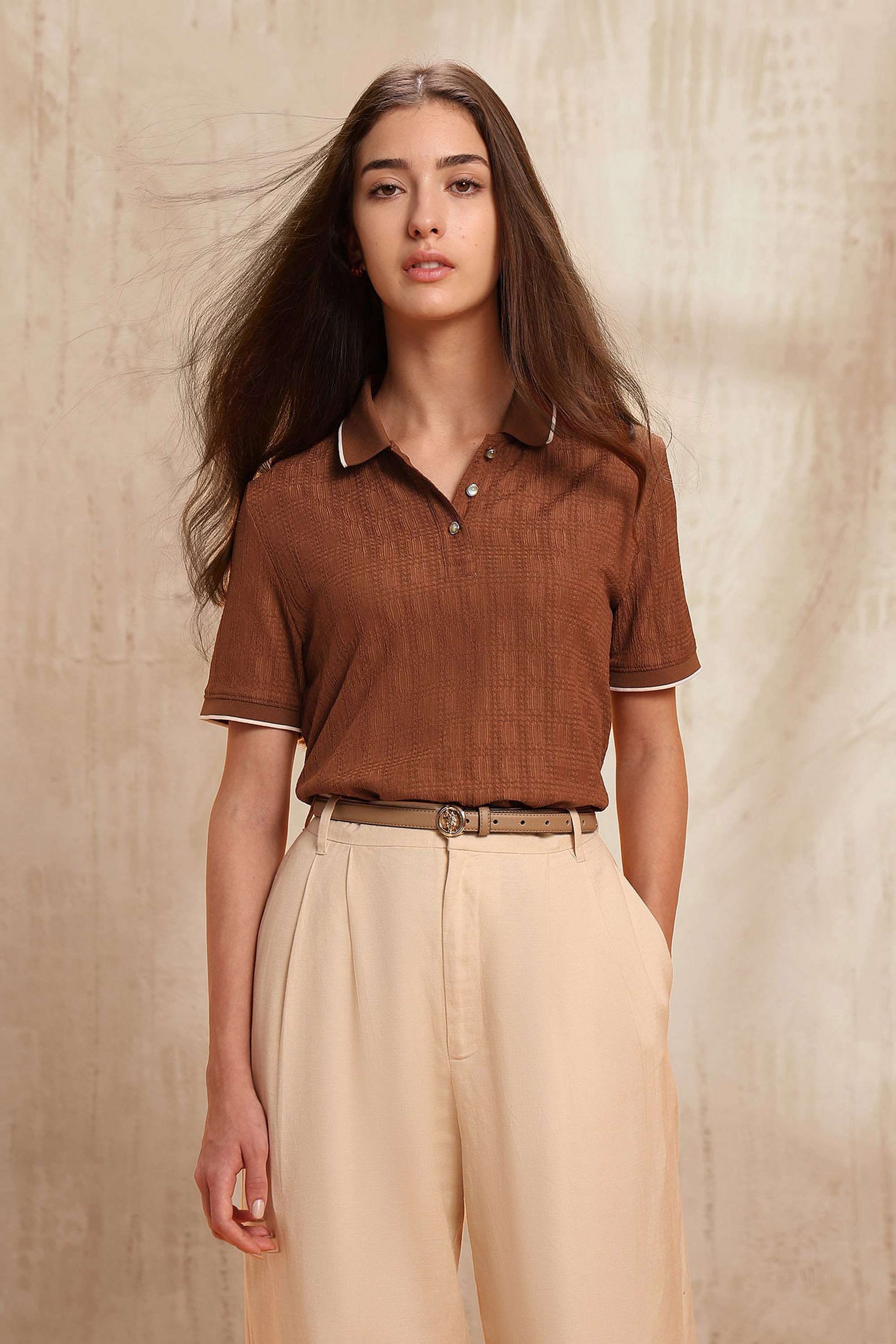 Solid-Polyester-Collared-Women-s-T-Shirt