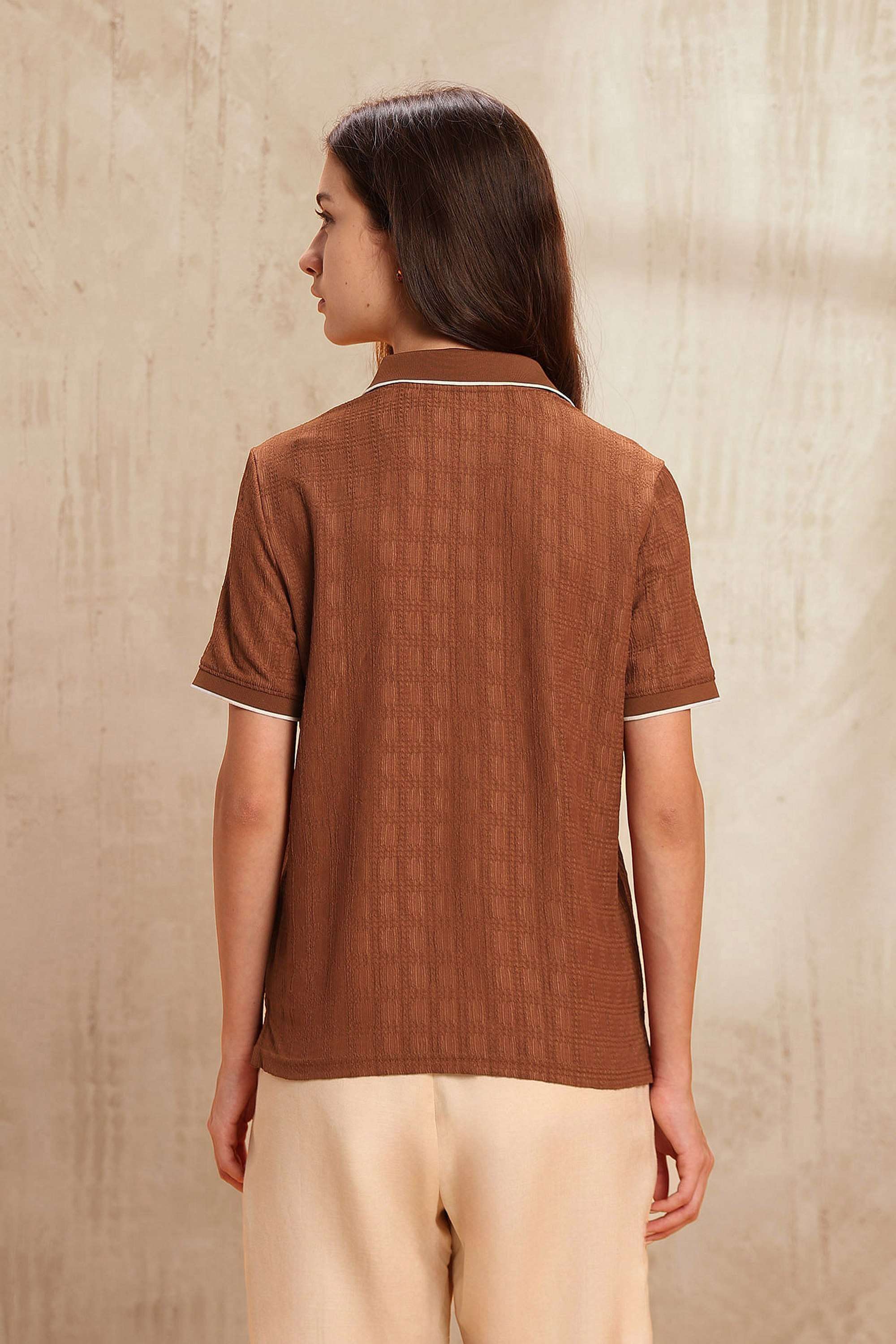 Solid-Polyester-Collared-Women-s-T-Shirt