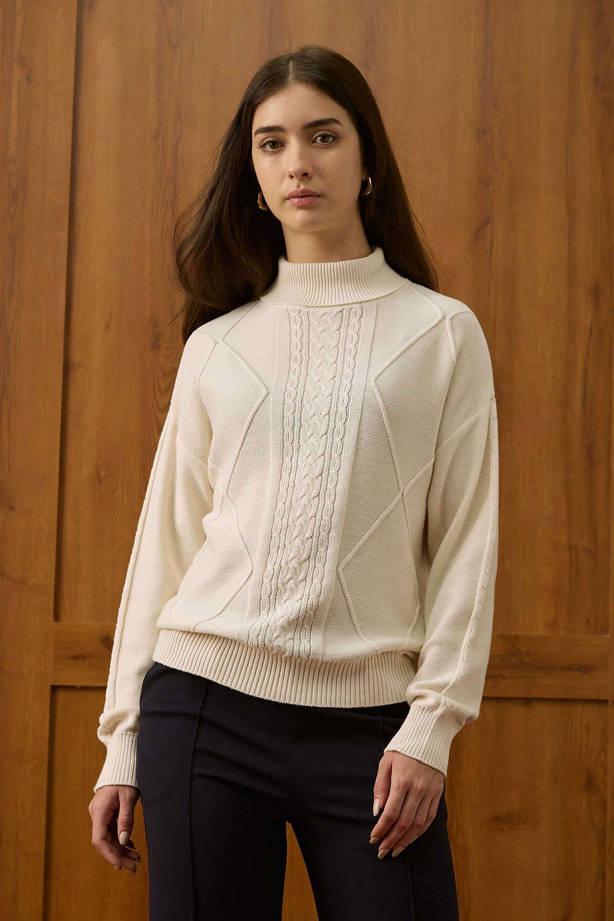Solid-Cotton-High-Neck-Women-s-Sweater