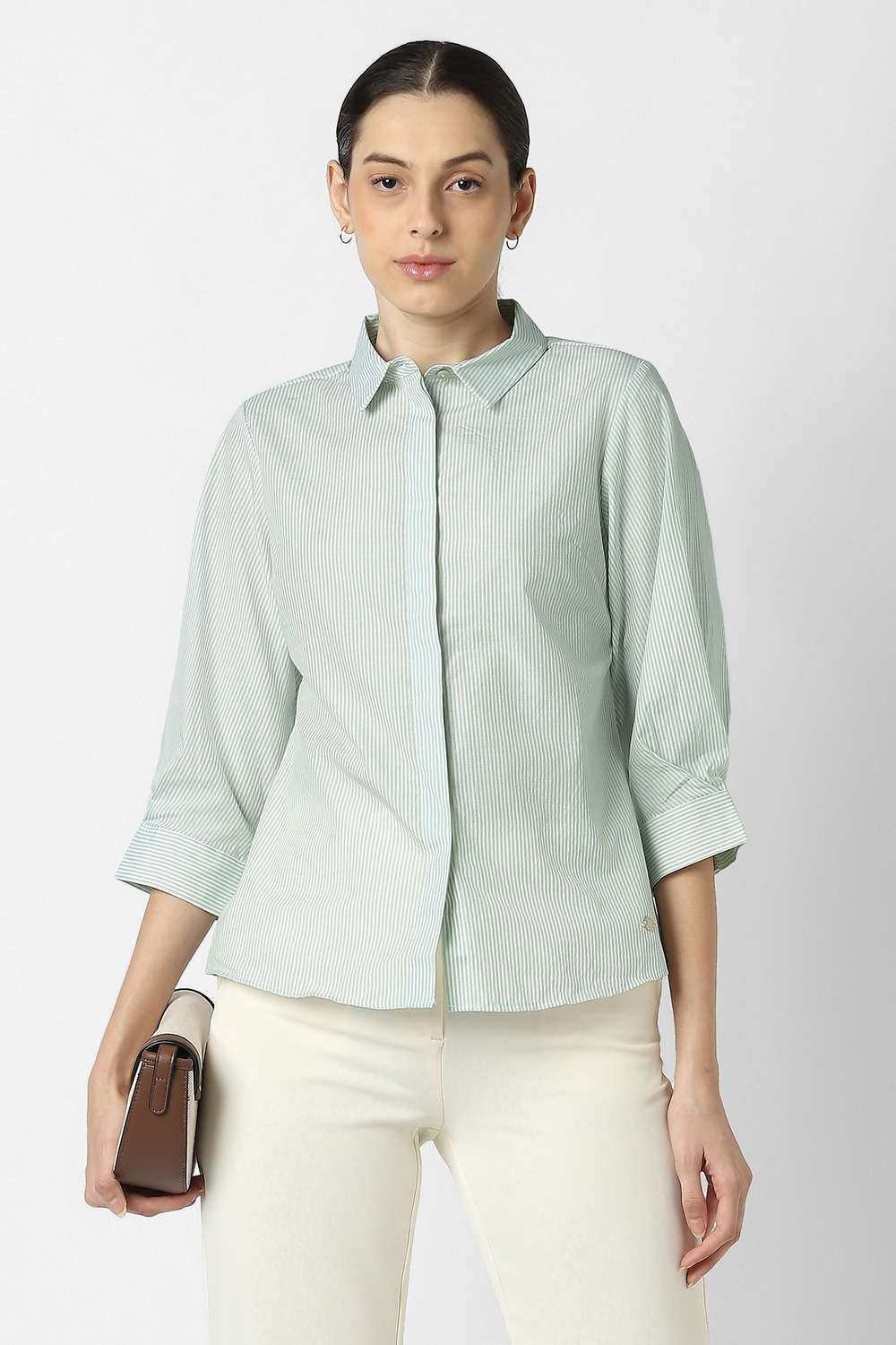Stripes-Polyester-Women-Formal-Wear-Shirt