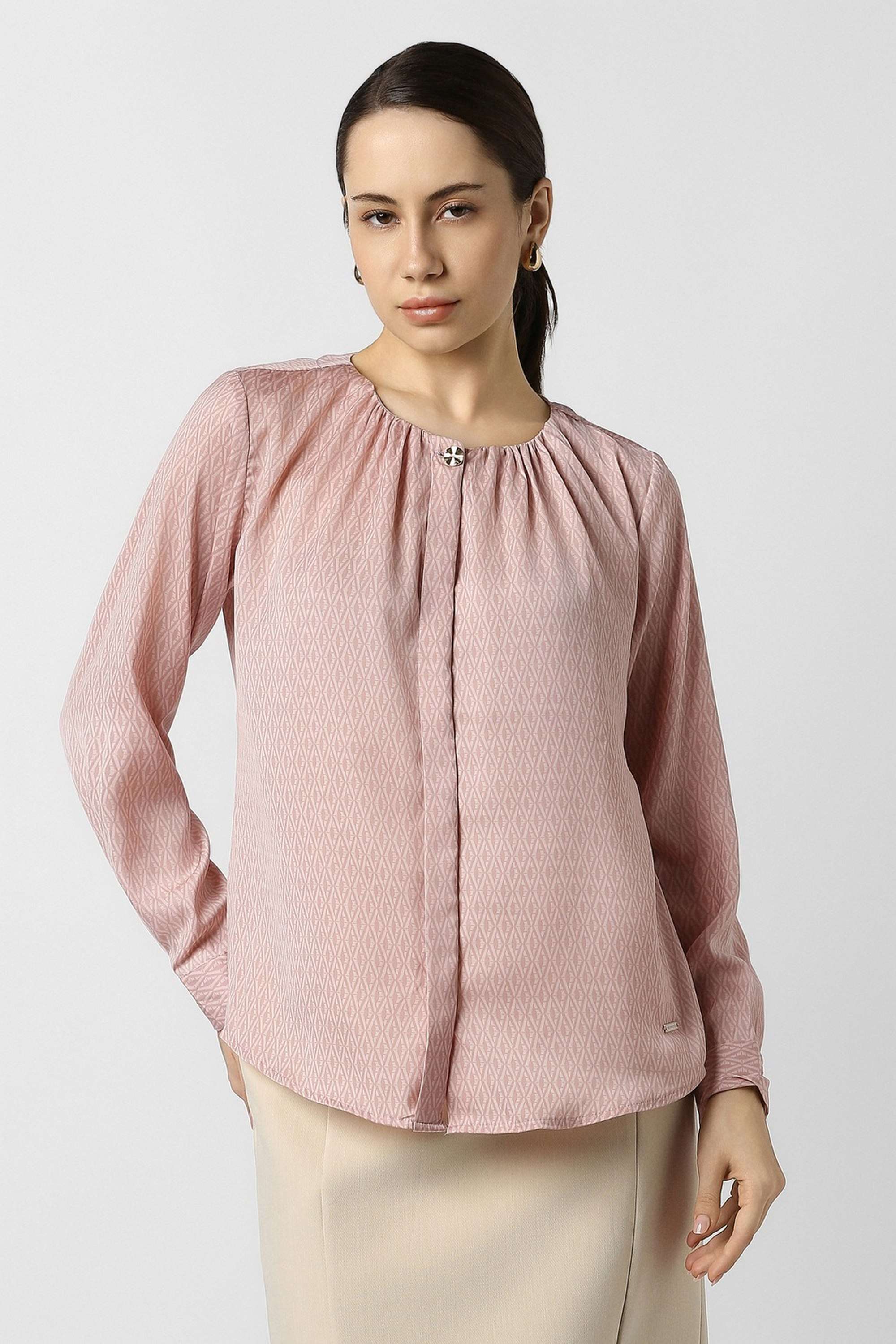 Geometric-Print-Polyester-Women-s-Formal-Wear-Shirt