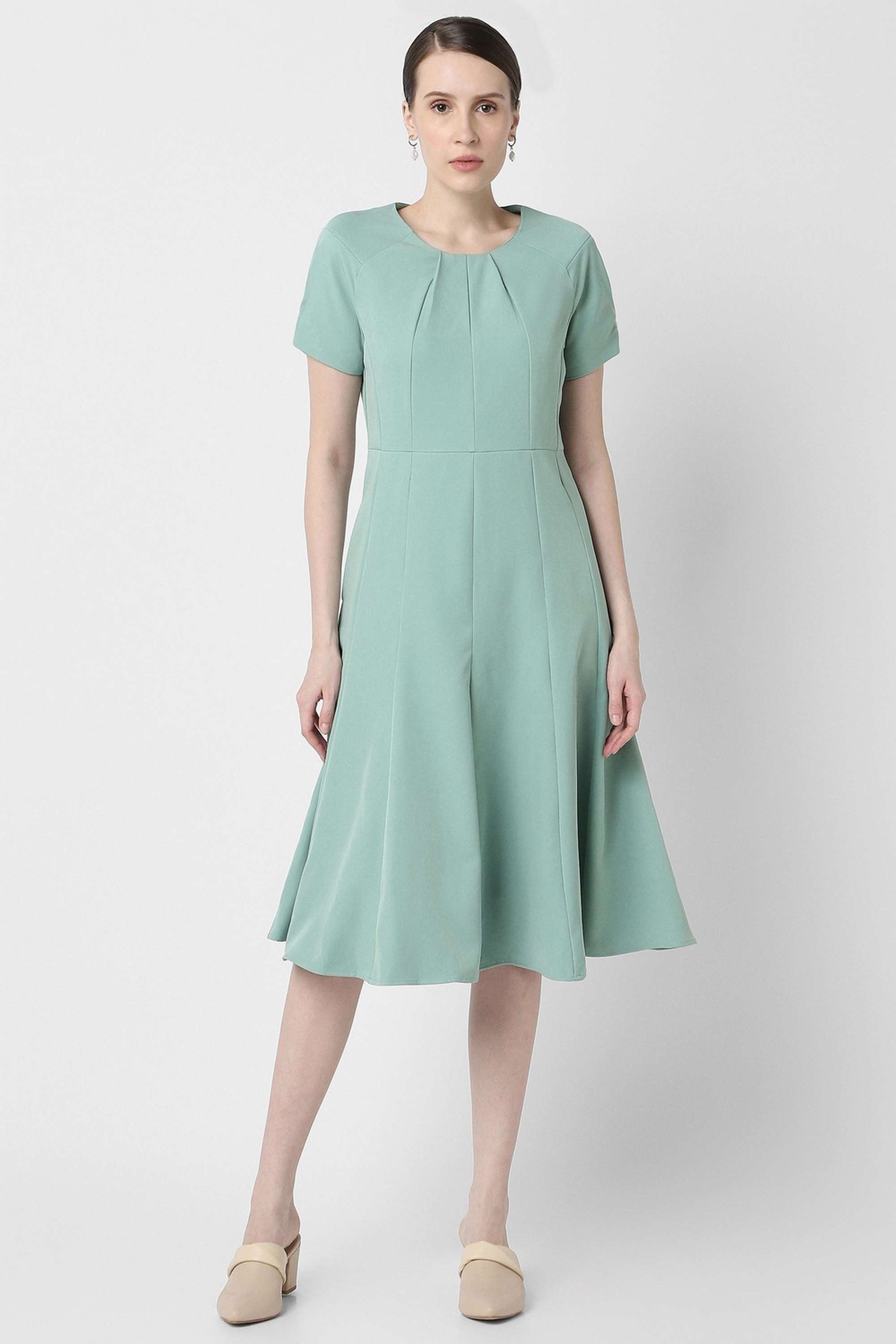 Solid-Round-Neck-Polyester-Blend-Women-s-Knee-Length-Dress