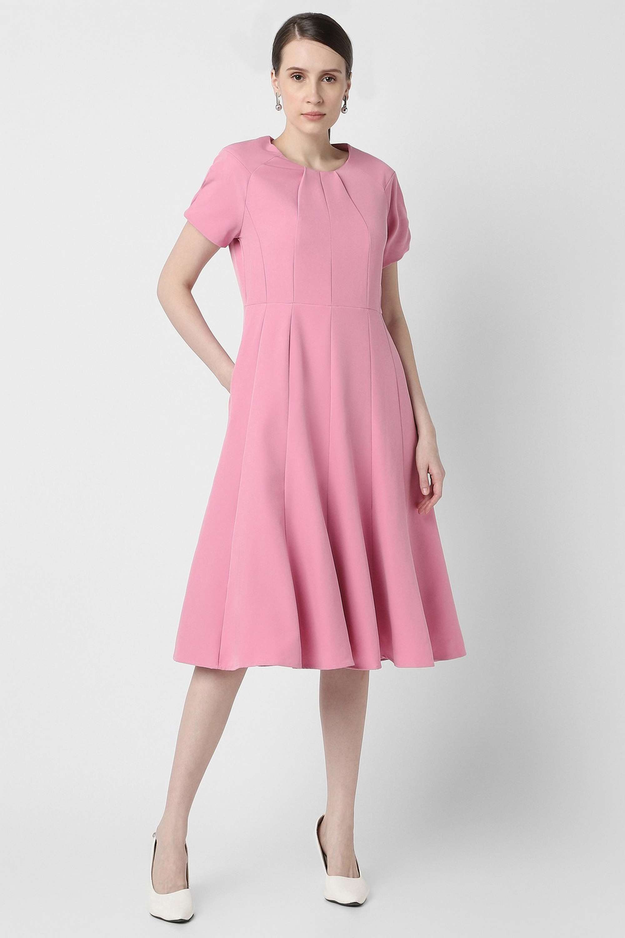 Solid-Round-Neck-Polyester-Blend-Women-s-Knee-Length-Dress