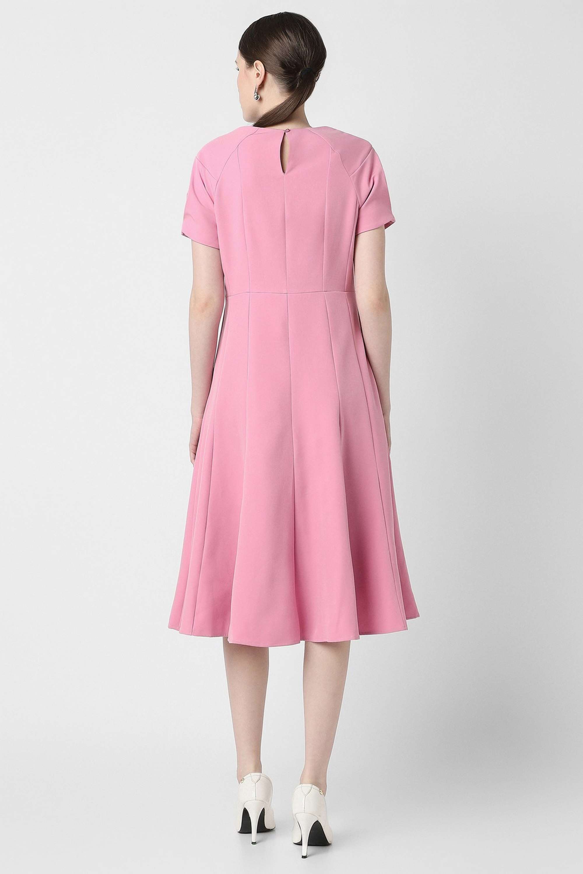 Solid-Round-Neck-Polyester-Blend-Women-s-Knee-Length-Dress